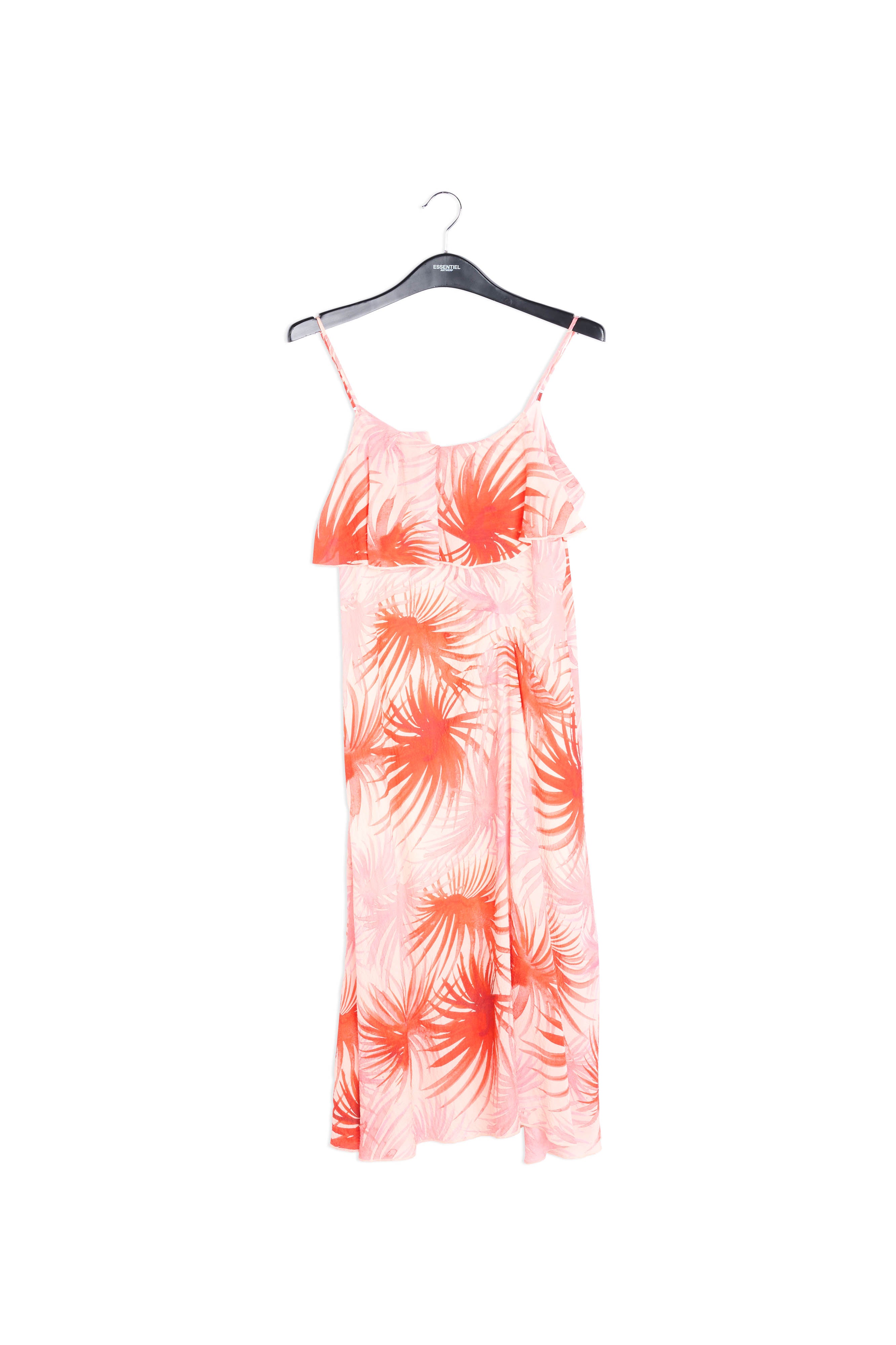 Orange viscose-silk asymmetrical midi dress with palm leaf print RE—SSENTIEL | Essentiel second hand