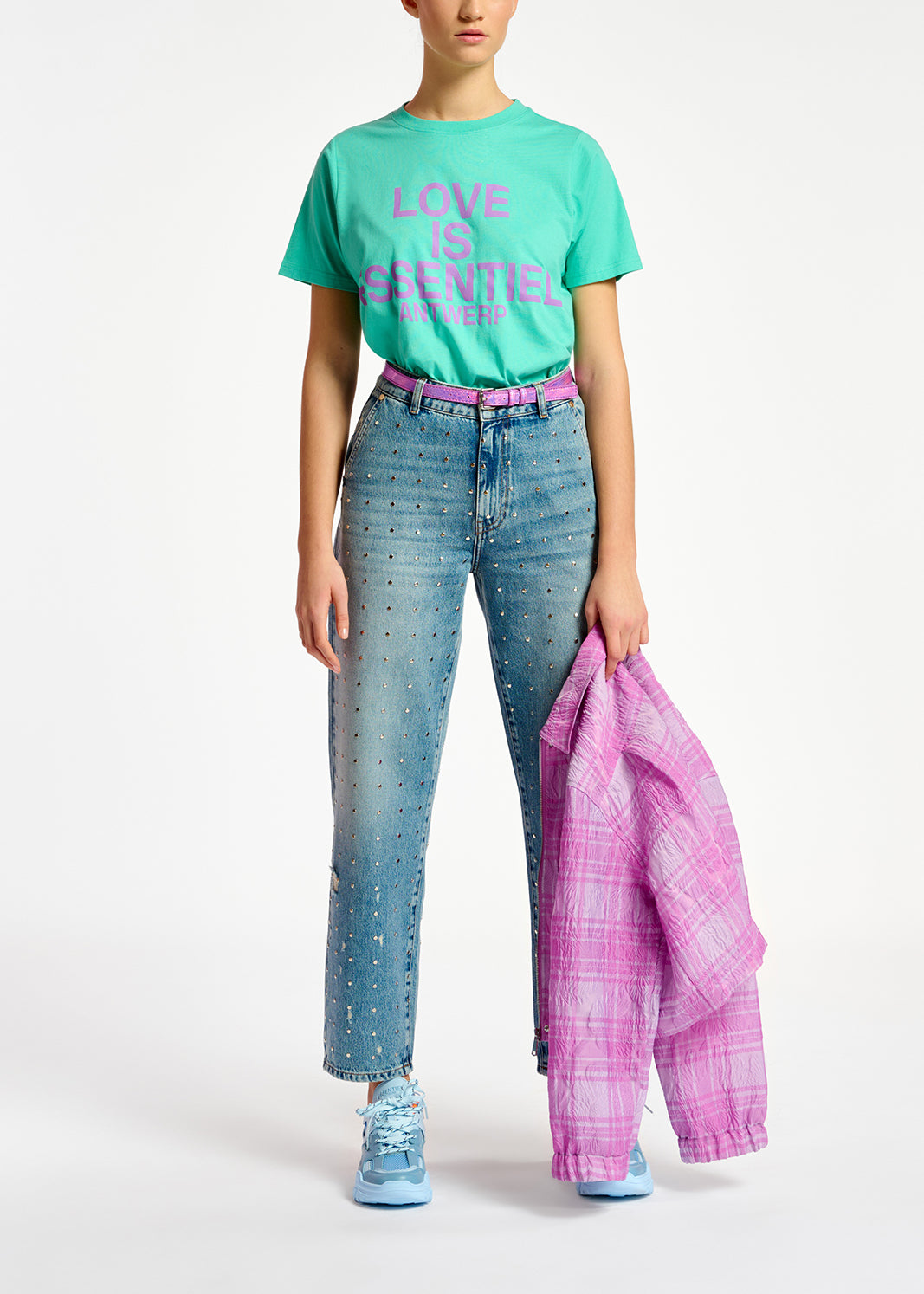 Turquoise organic cotton T-shirt with text print RE—SSENTIEL | Essentiel second hand