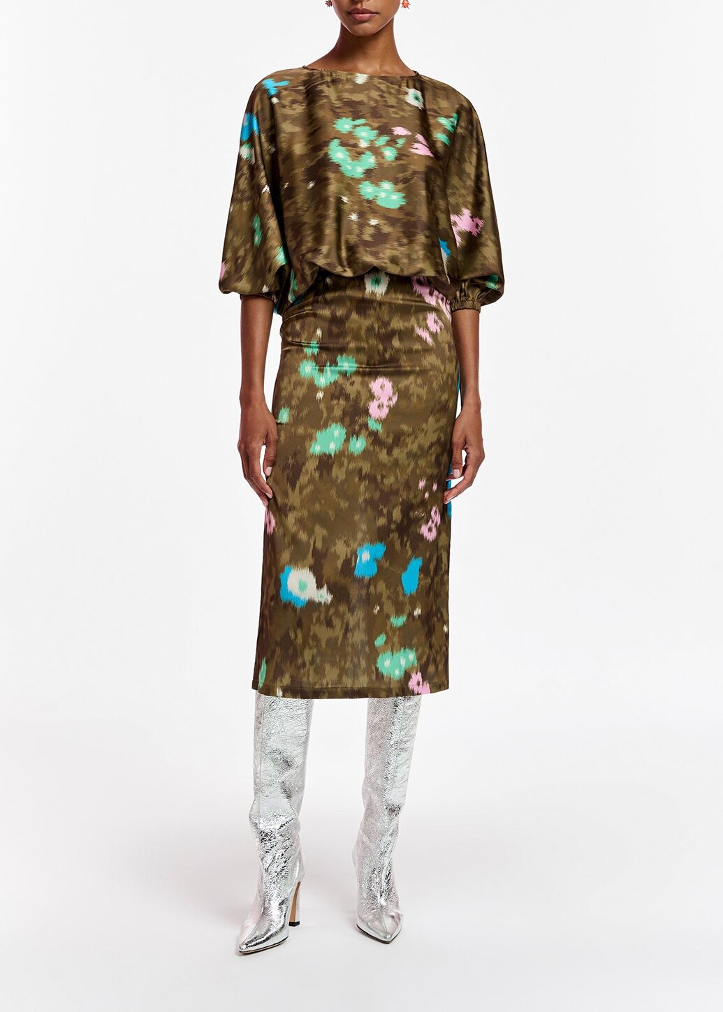 Khaki floral print midi-length dress RE—SSENTIEL | Essentiel second hand