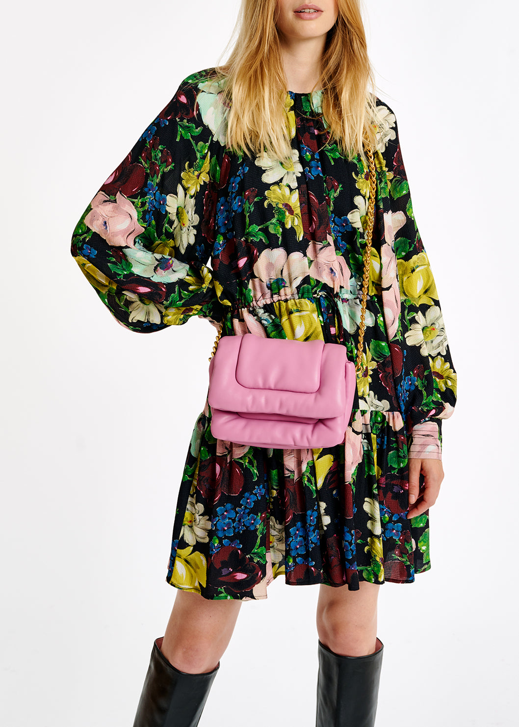 Black, white and yellow floral print mini dress RE—SSENTIEL | Essentiel second hand