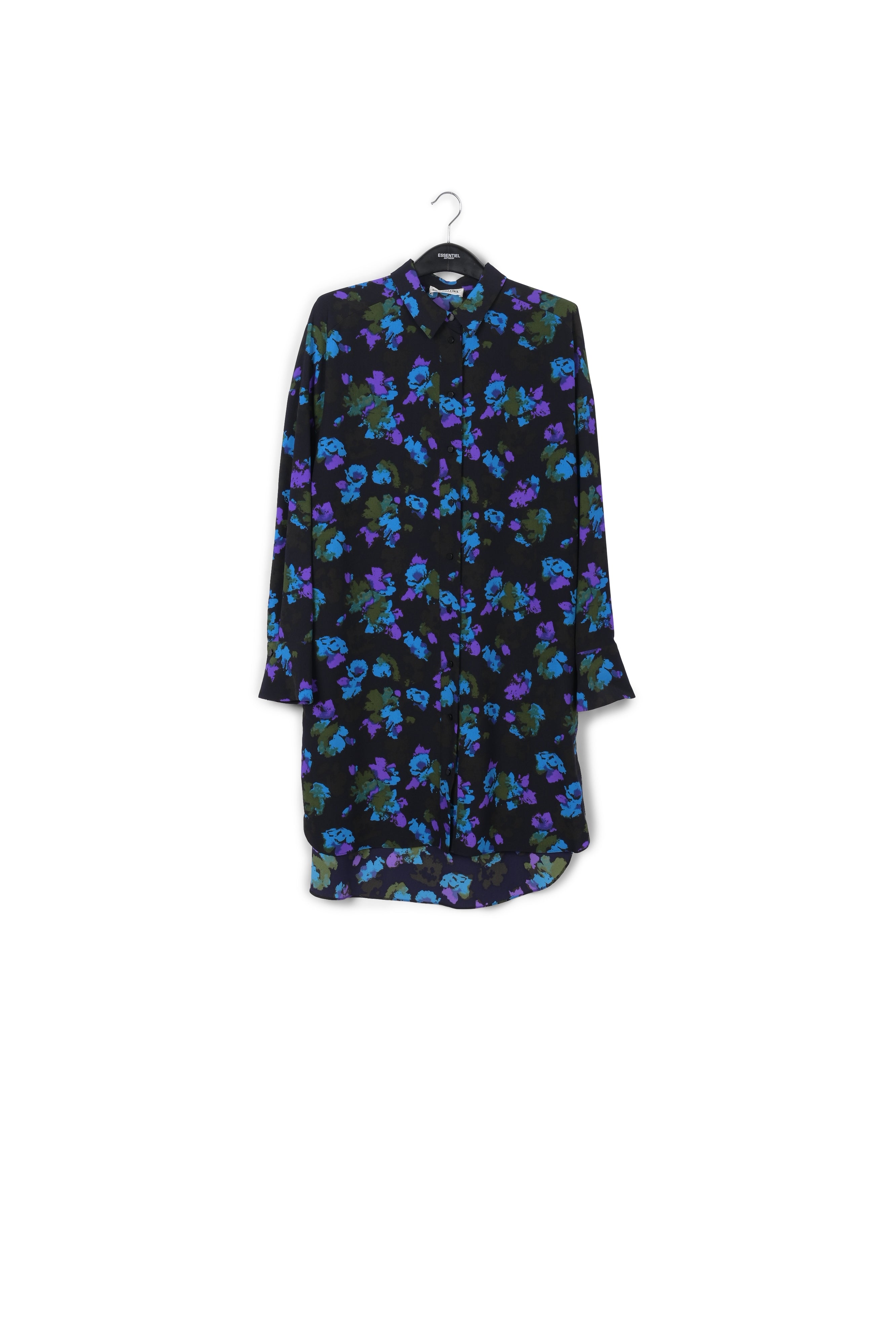 Robe chemise midi à imprimé fleuri noir et bleu RE—SSENTIEL | Essentiel second hand