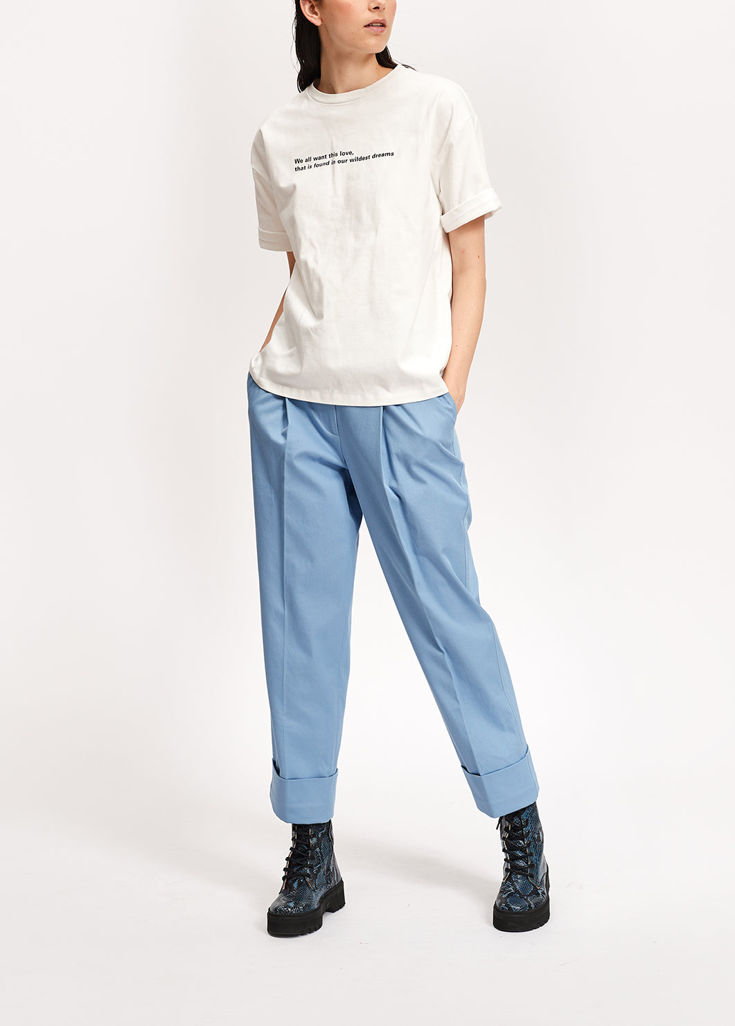 Lichtblauwe katoenmix broek met rechte pijpen RE—SSENTIEL | Essentiel second hand