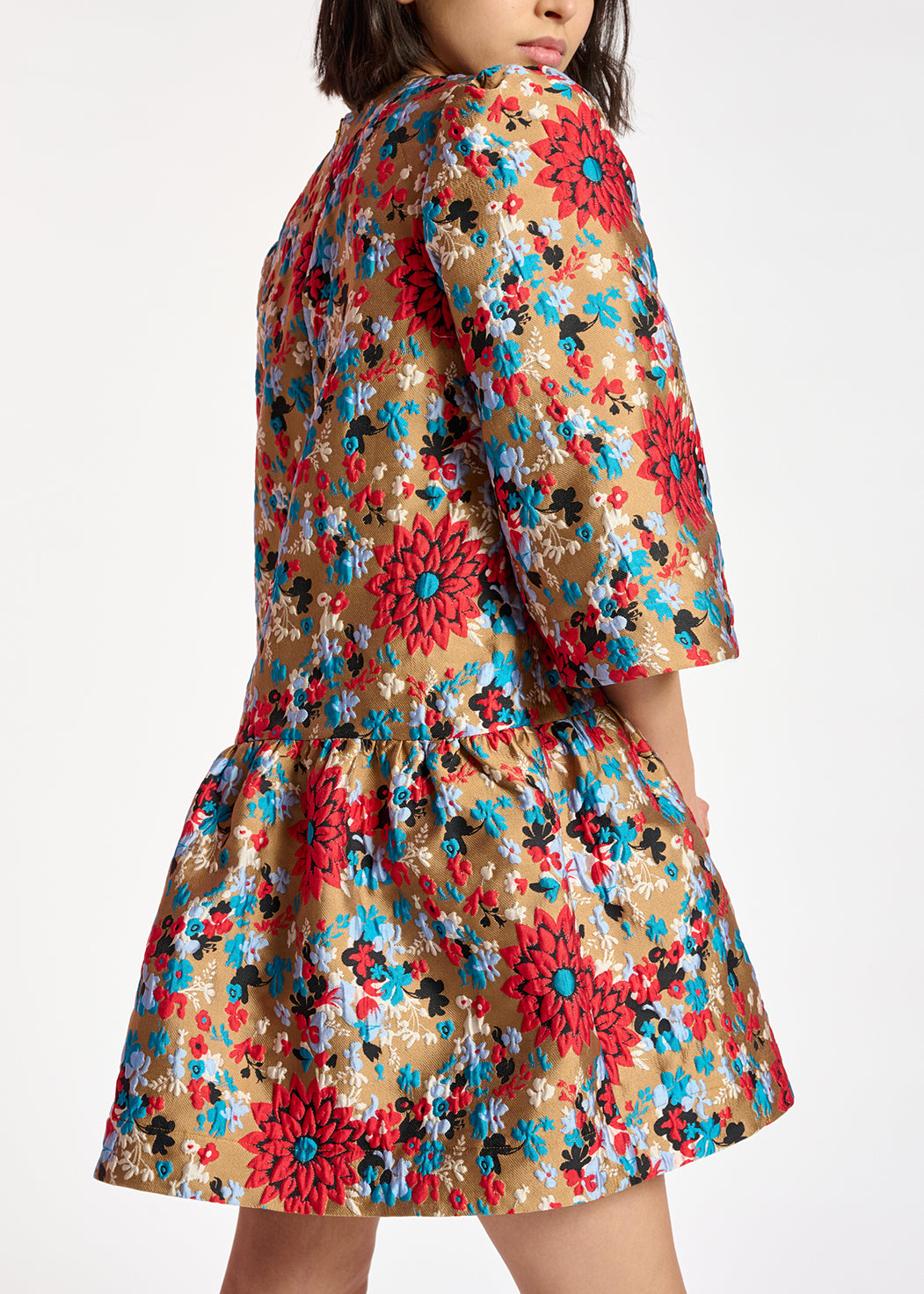 Camel floral jacquard mini dress RE—SSENTIEL | Essentiel second hand