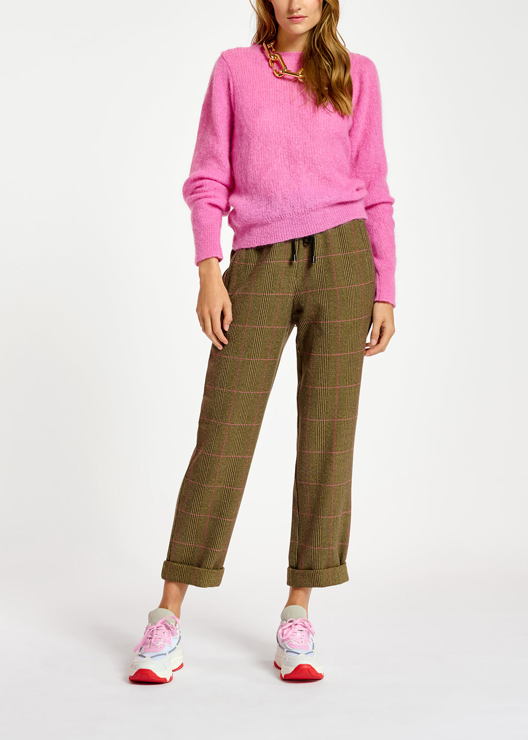 Pantalon brun à carreaux beiges et roses RE—SSENTIEL | Essentiel second hand