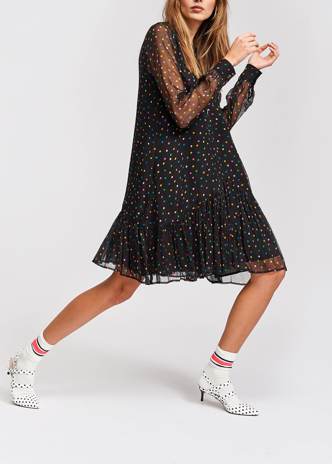 Black polka dot dress with flared hem RE—SSENTIEL | Essentiel second hand