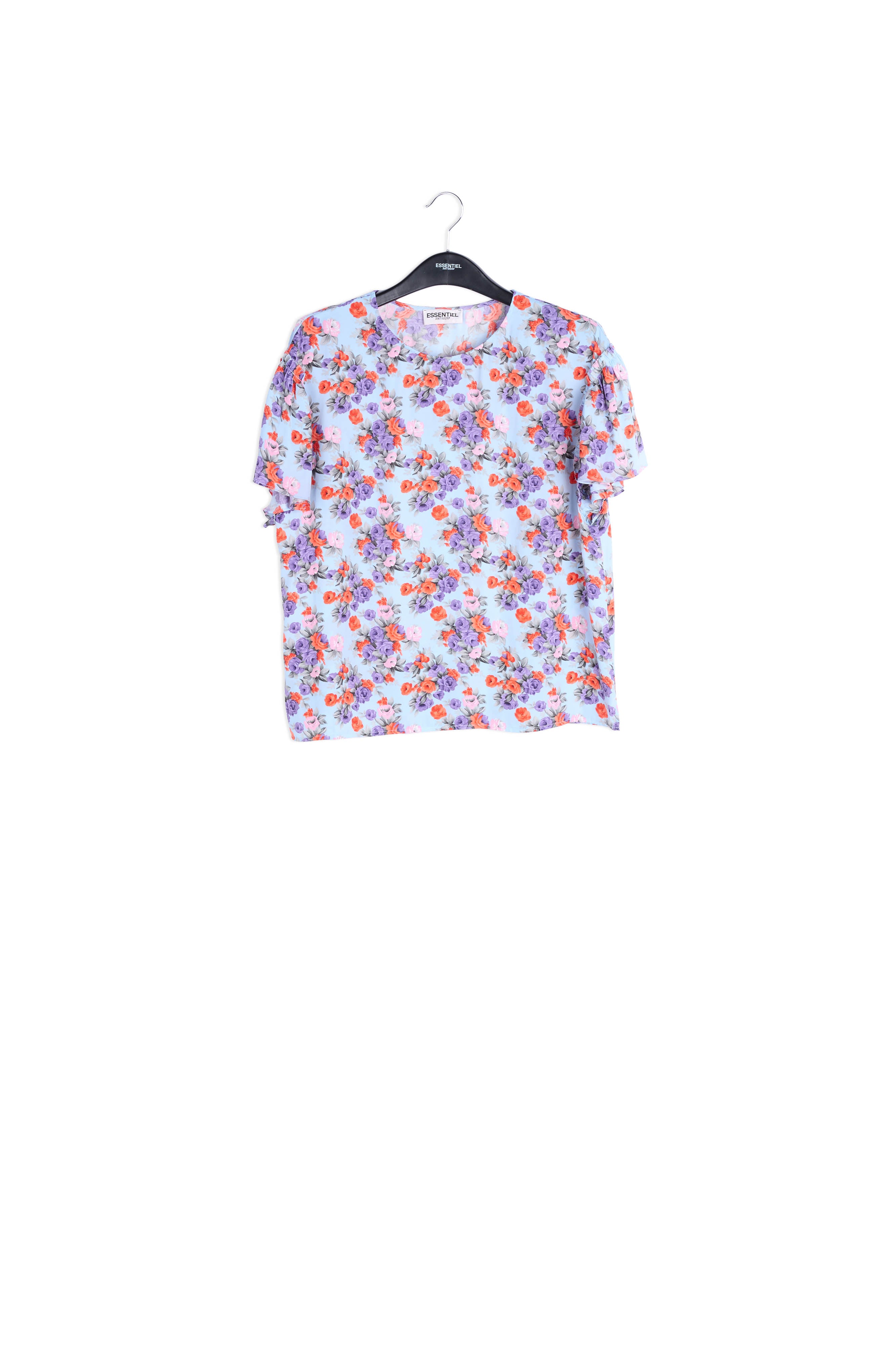 Lichtblauwe bloementop met ruchemouwen RE—SSENTIEL | Essentiel second hand
