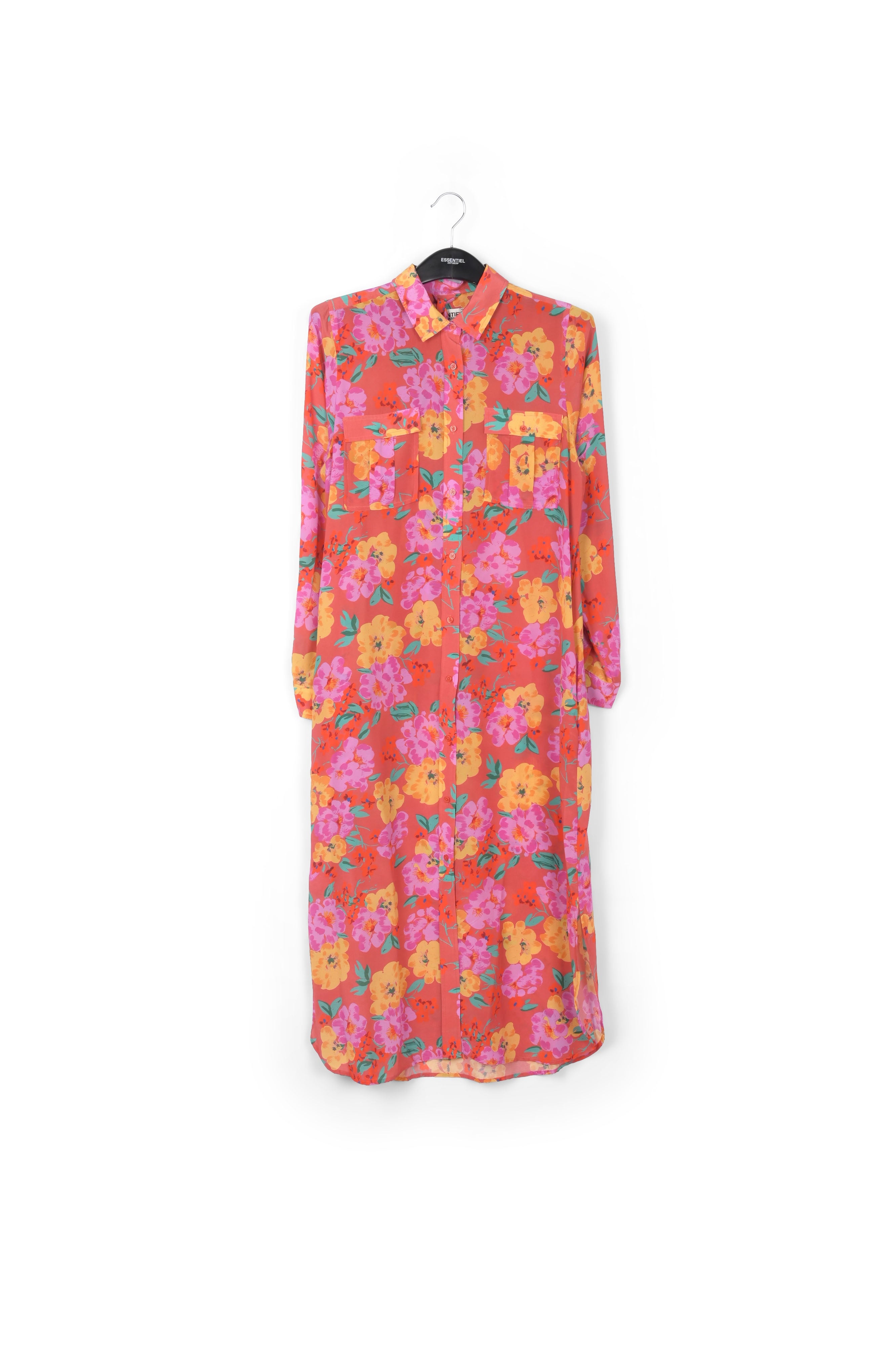 Coral floral-print silk shirt dress RE—SSENTIEL | Essentiel second hand