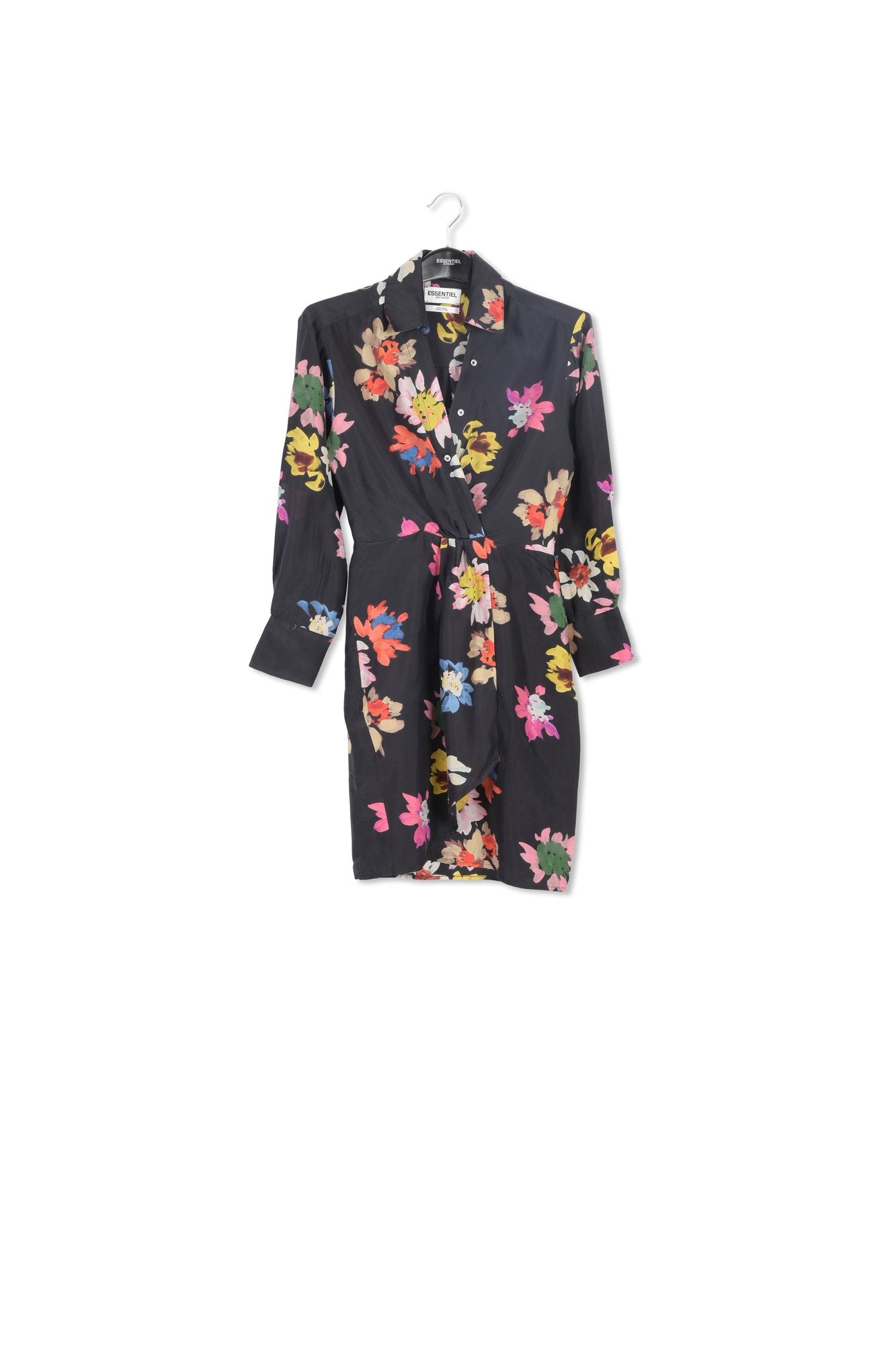 Black silk mini wrap dress with floral print RE—SSENTIEL | Essentiel second hand