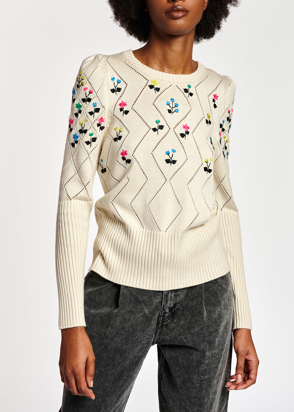 Beige pointelle-knitted sweater with floral embroideries RE—SSENTIEL | Essentiel second hand