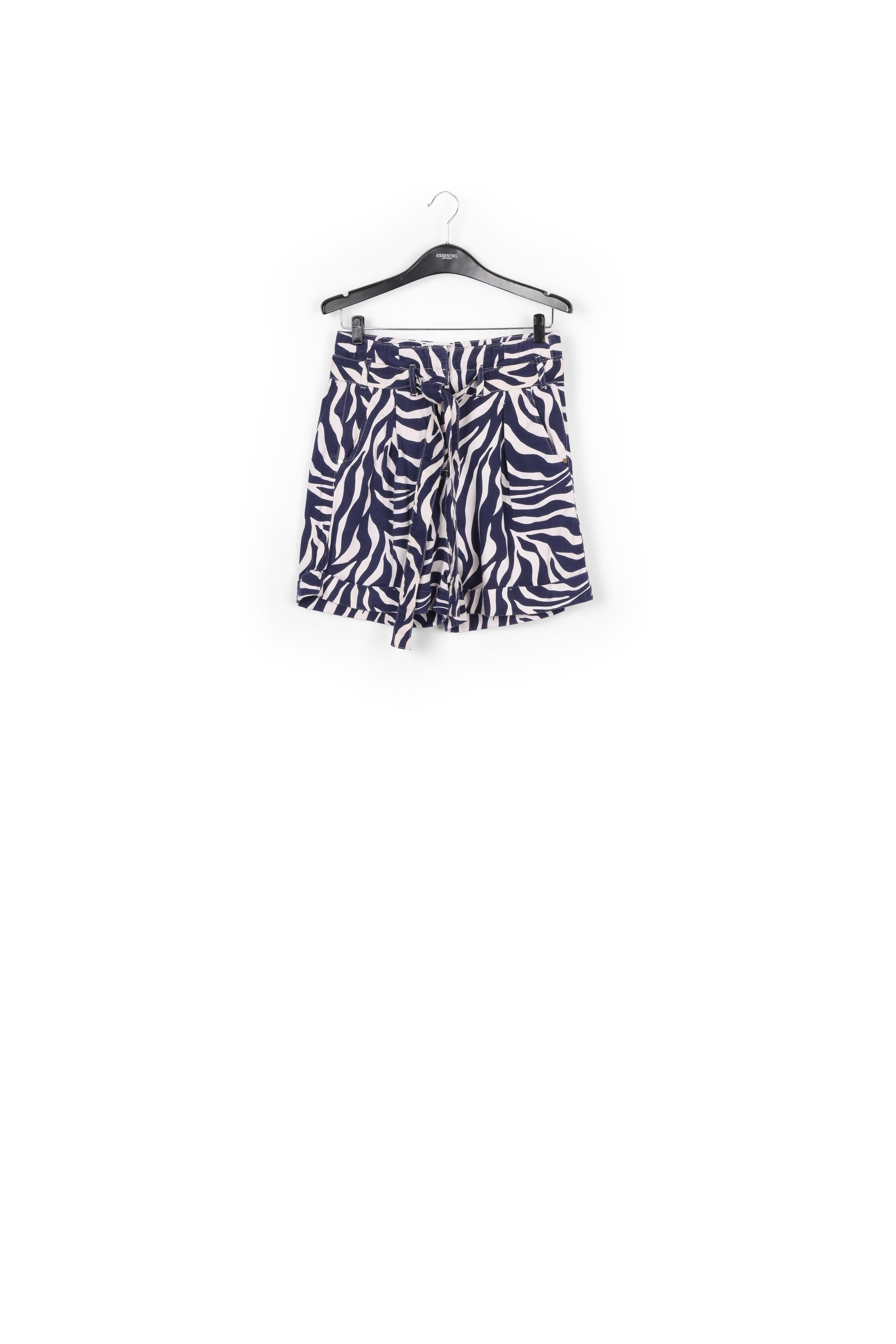 Off-white and navy blue zebra-print belted denim shorts RE—SSENTIEL | Essentiel second hand