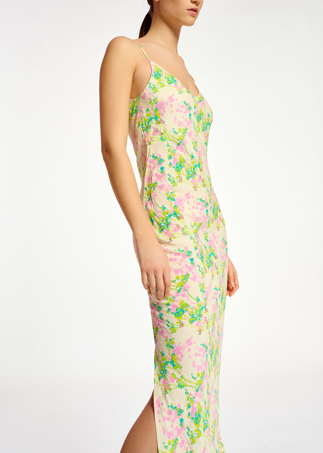 Ecru, pink and lime green floral print maxi-length slip dress RE—SSENTIEL | Essentiel second hand