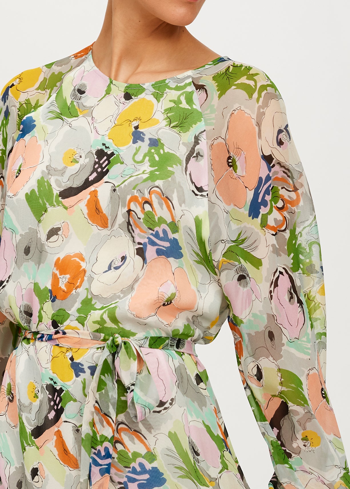 A-lijnjurk met meerkleurige bloemenprint en transparante mouwen RE—SSENTIEL | Essentiel second hand