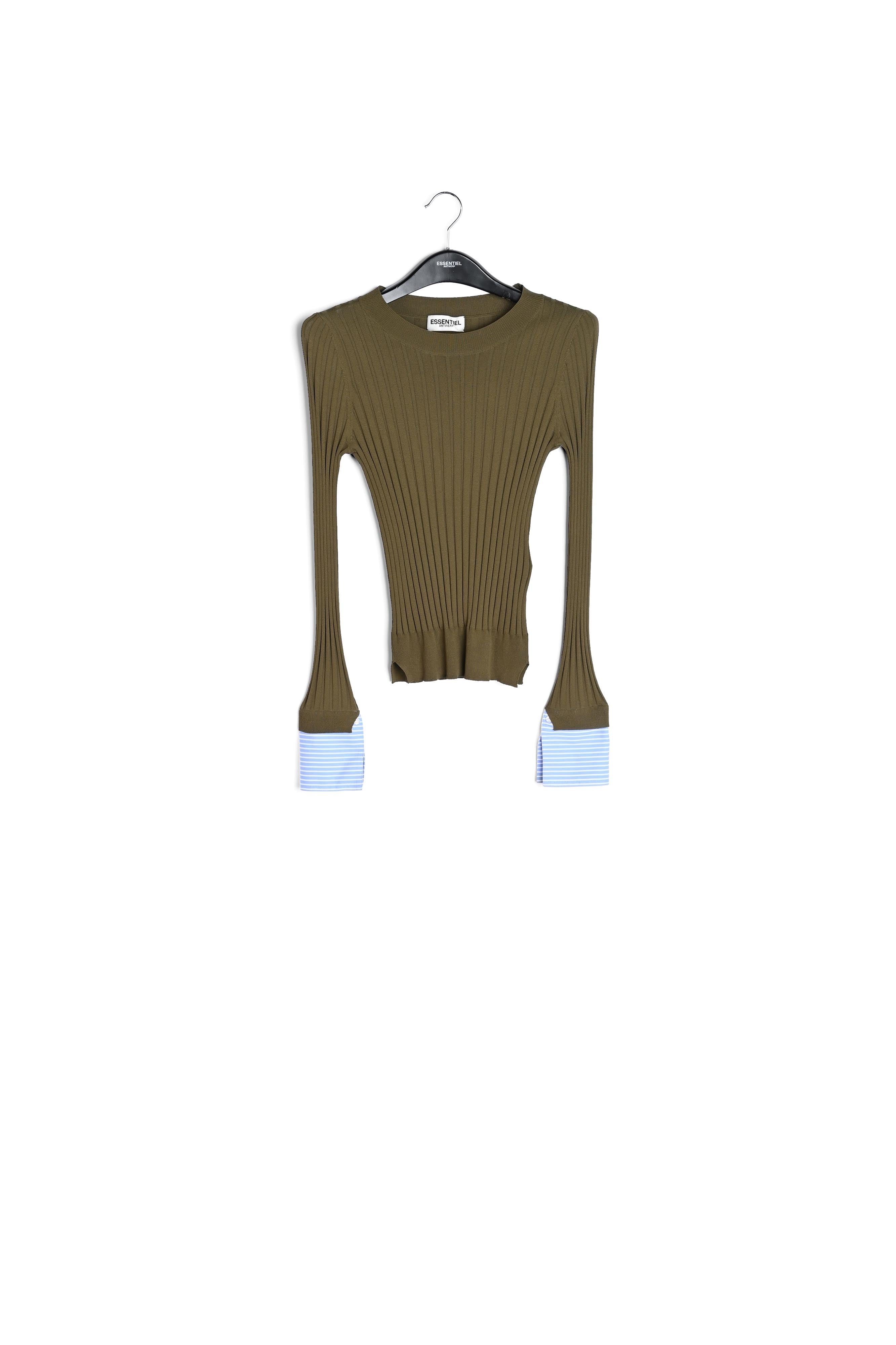 Khaki rib-knitted sweater with striped cuffs RE—SSENTIEL | Essentiel second hand