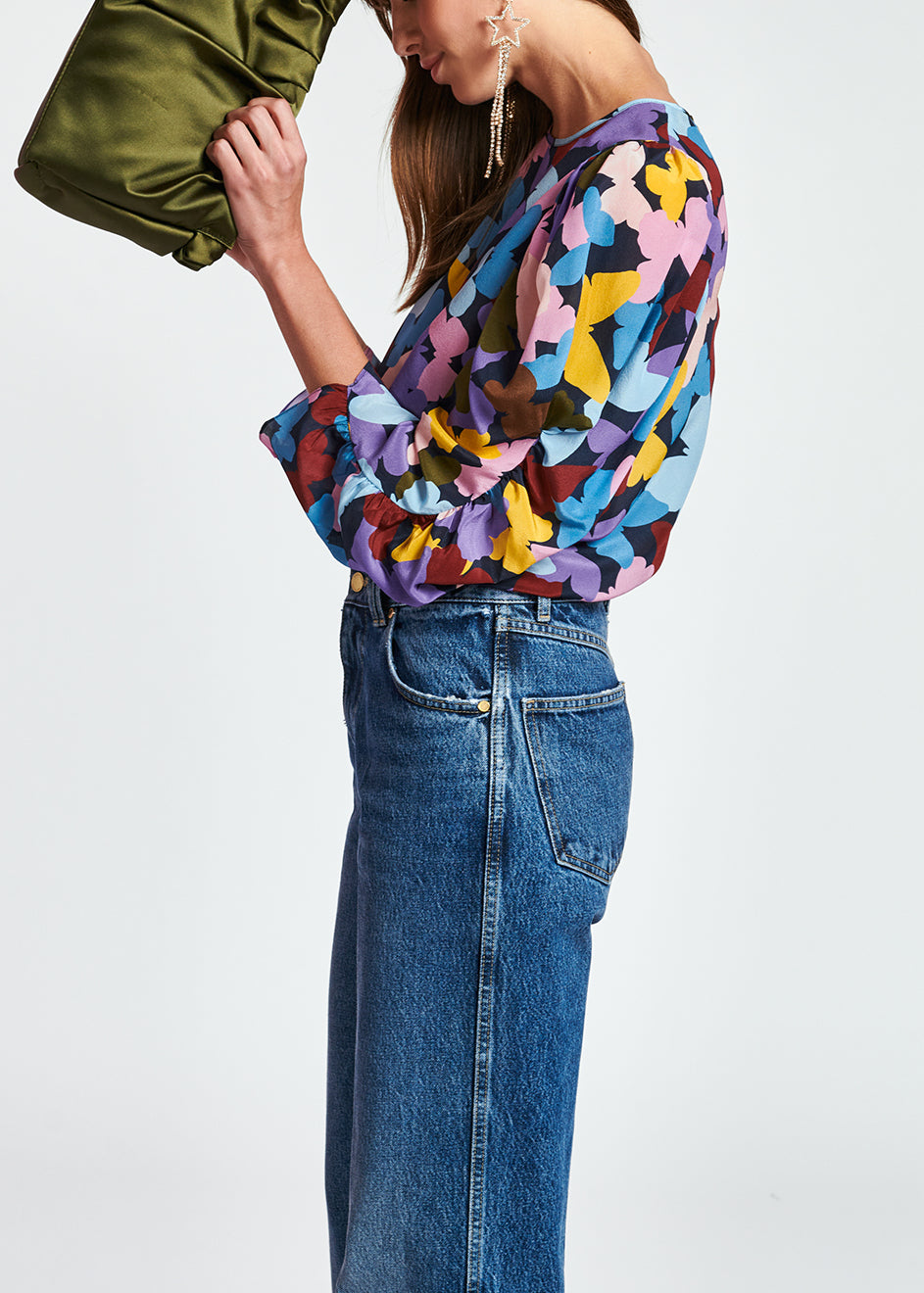 Donkerblauwe zijden top met vlinders RE—SSENTIEL | Essentiel second hand