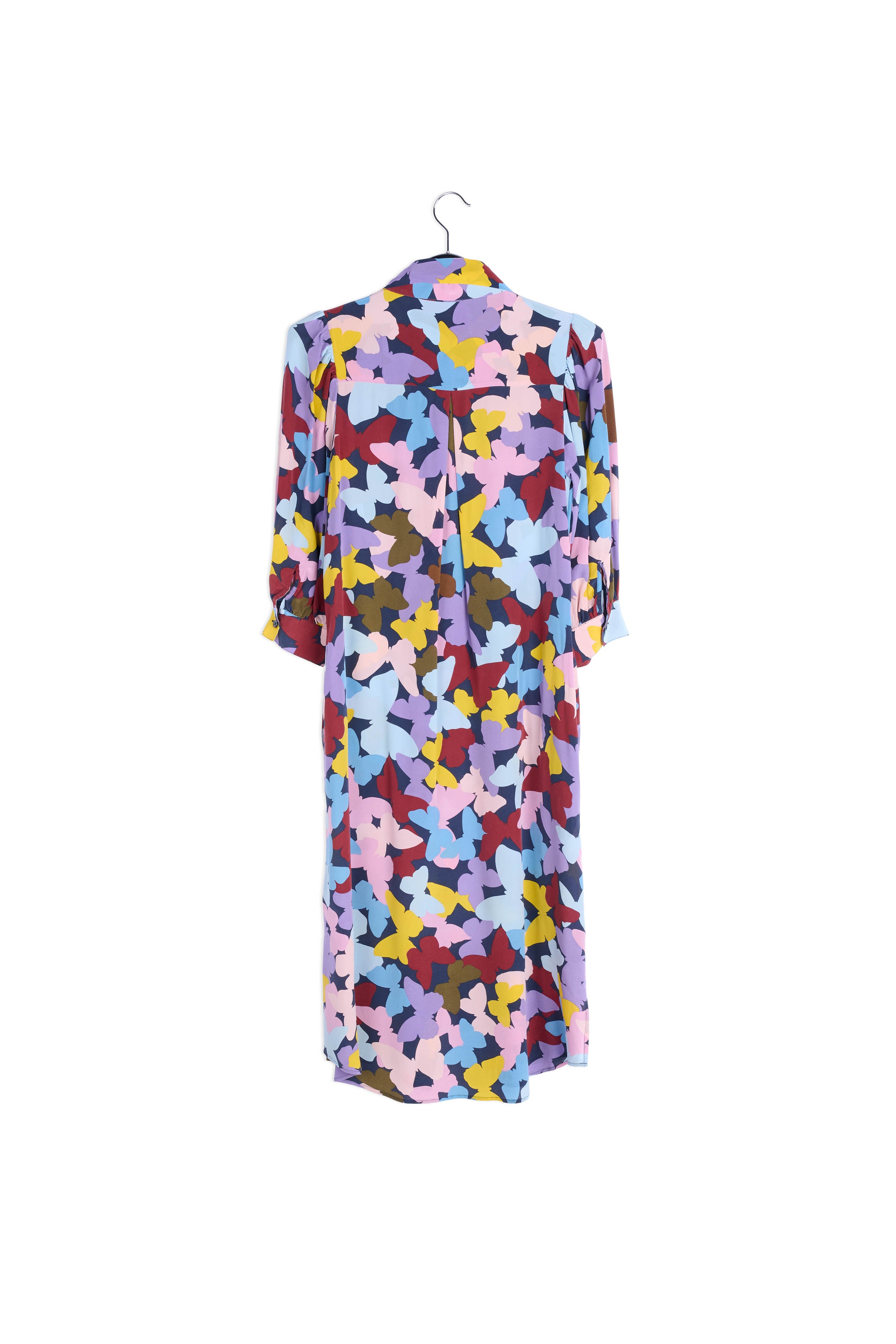 Bordeaux, lila en blauwe zijden midi-jurk met vlinders RE—SSENTIEL | Essentiel second hand