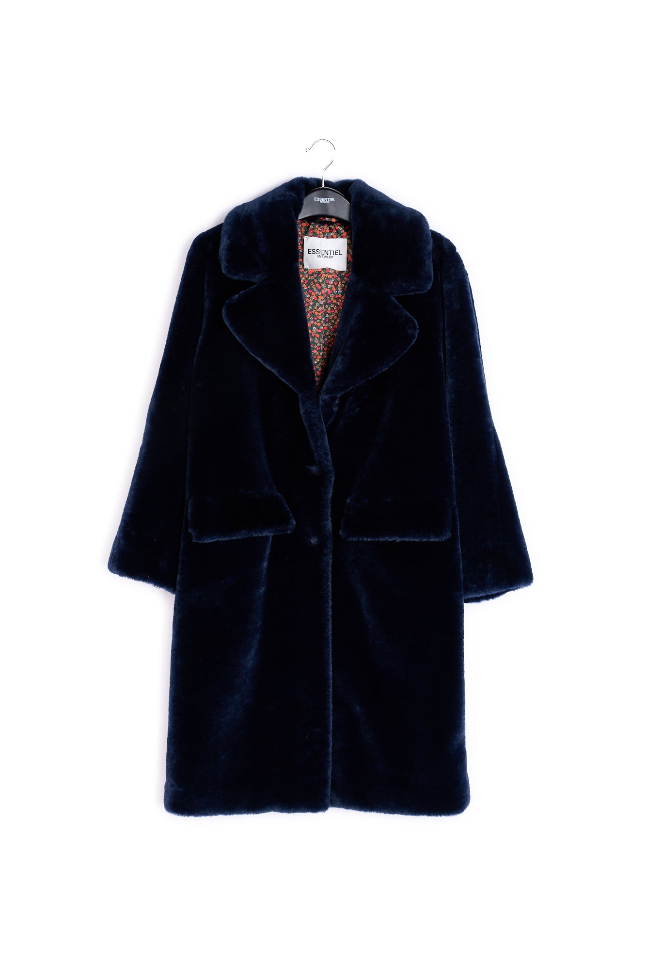 Dark blue recycled faux fur coat RE—SSENTIEL | Essentiel second hand