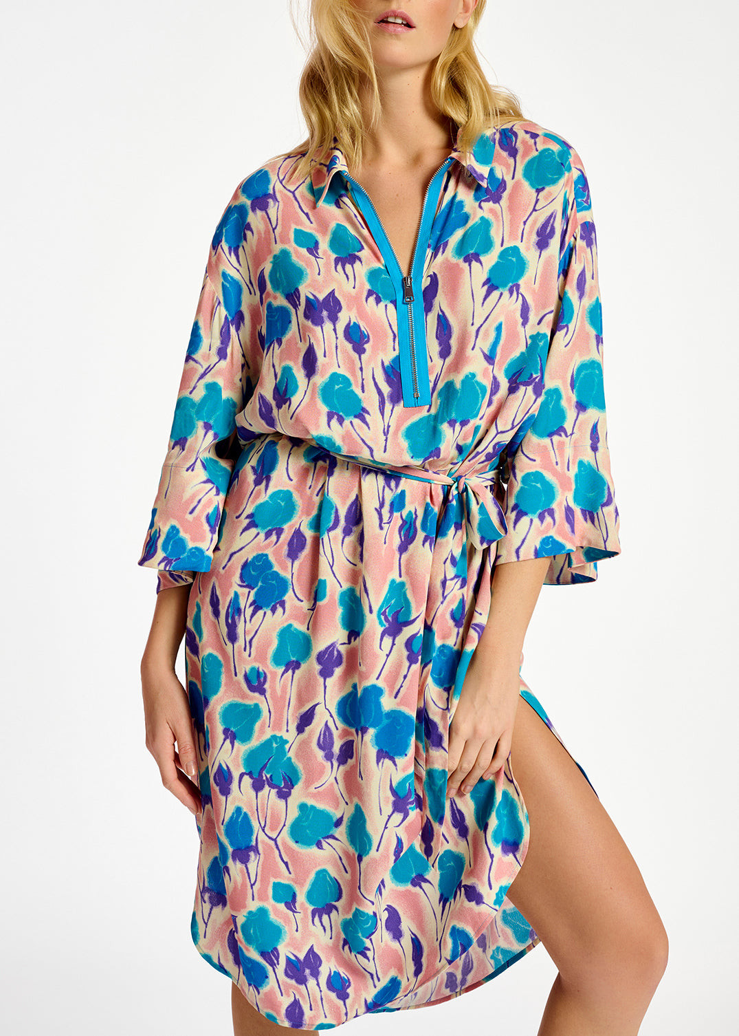 Light pink, blue and purple floral print midi-length dress RE—SSENTIEL | Essentiel second hand