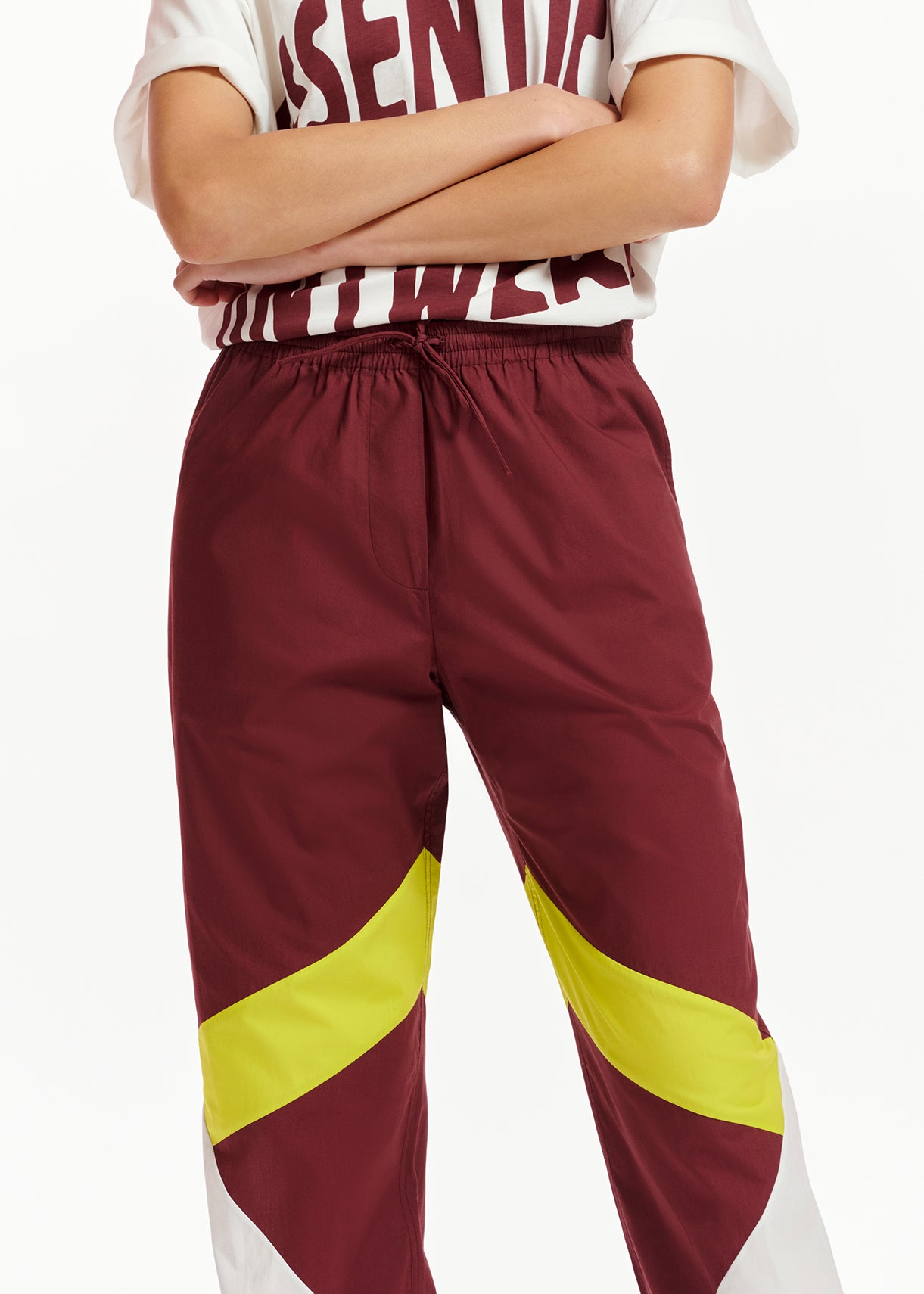 Burgundy, white and lime green cotton track pants RE—SSENTIEL | Essentiel second hand