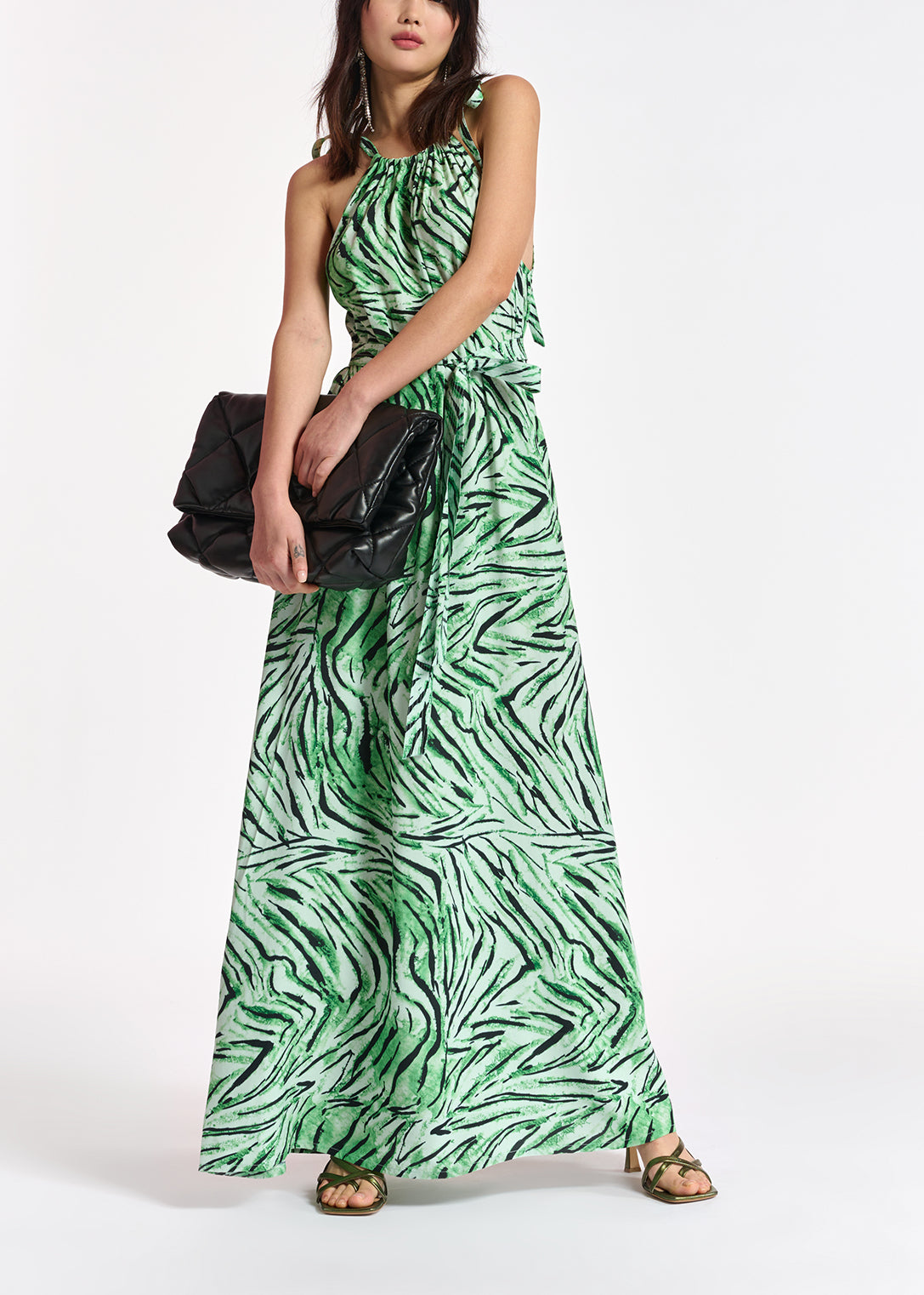 Muntgroene maxi-halterjurk met tijgerprint RE—SSENTIEL | Essentiel second hand