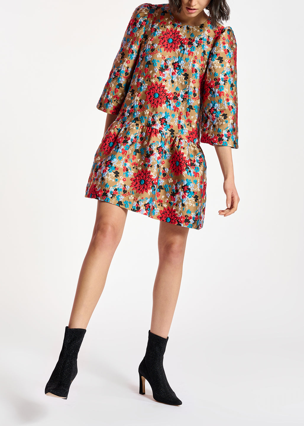 Camel floral jacquard mini dress RE—SSENTIEL | Essentiel second hand