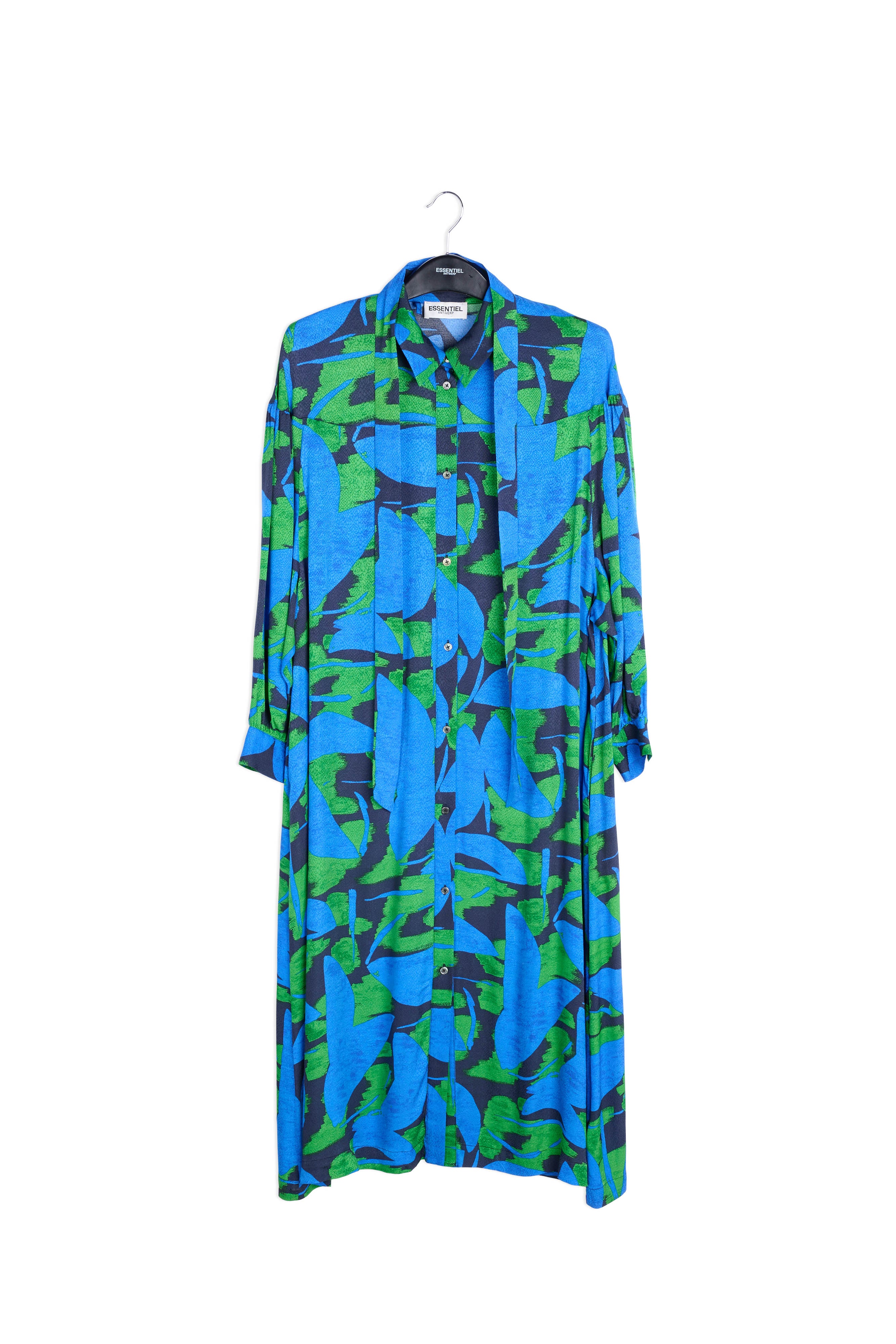 Midi-jurk met abstracte print in blauw, zwart en groen RE—SSENTIEL | Essentiel second hand