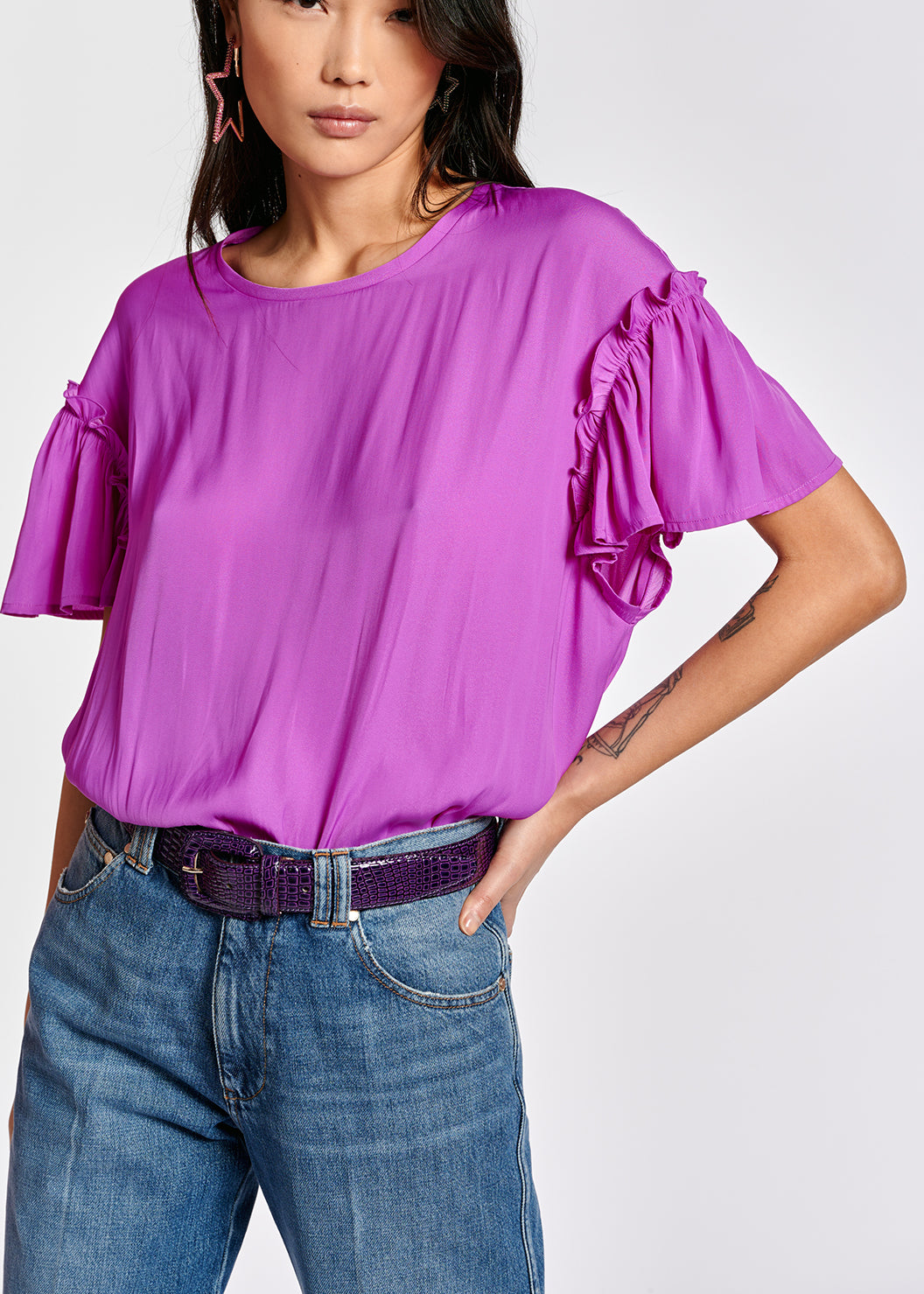 Lilac ruffled short-sleeve top RE—SSENTIEL | Essentiel second hand