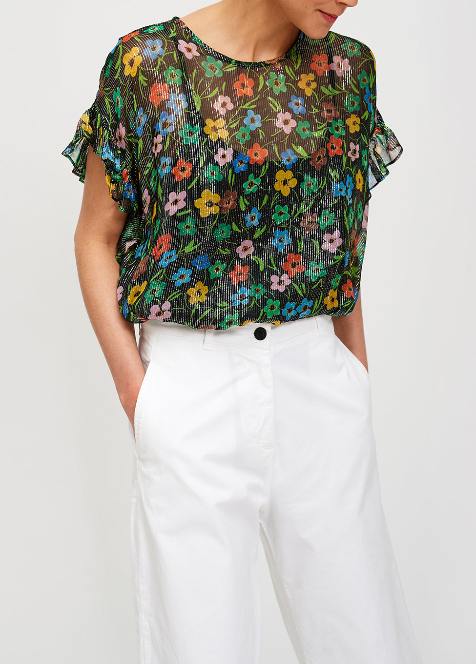 Black floral print top with ruffled sleeves RE—SSENTIEL | Essentiel second hand