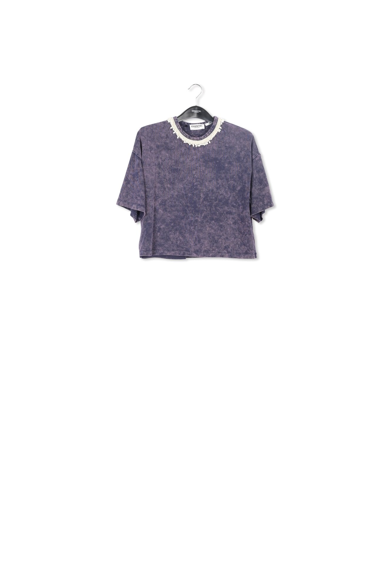 T-shirt en coton bleu marine avec encolure en perles RE—SSENTIEL | Essentiel second hand