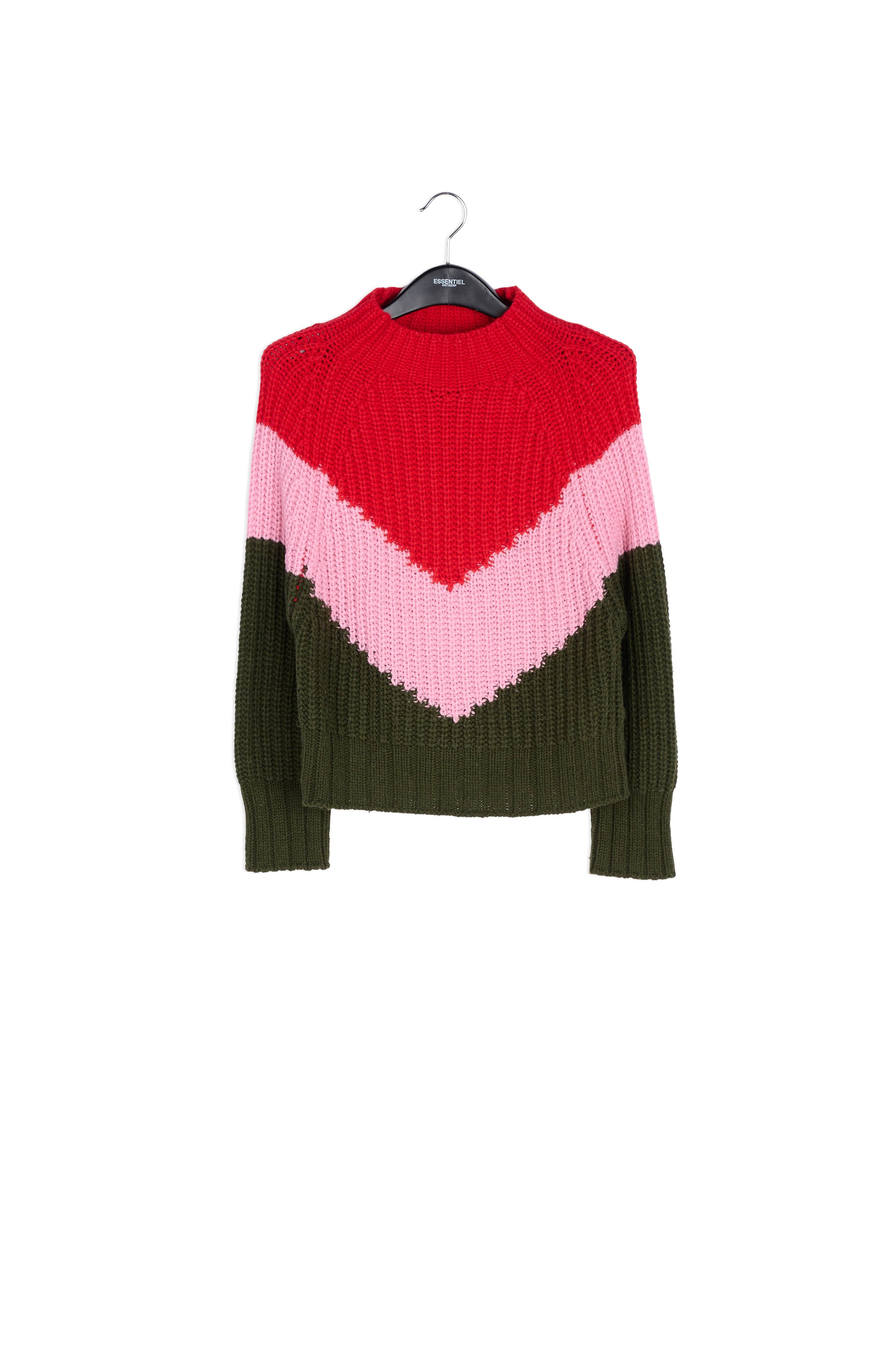 Khaki, pink and red v-panel knitted sweater RE—SSENTIEL | Essentiel second hand
