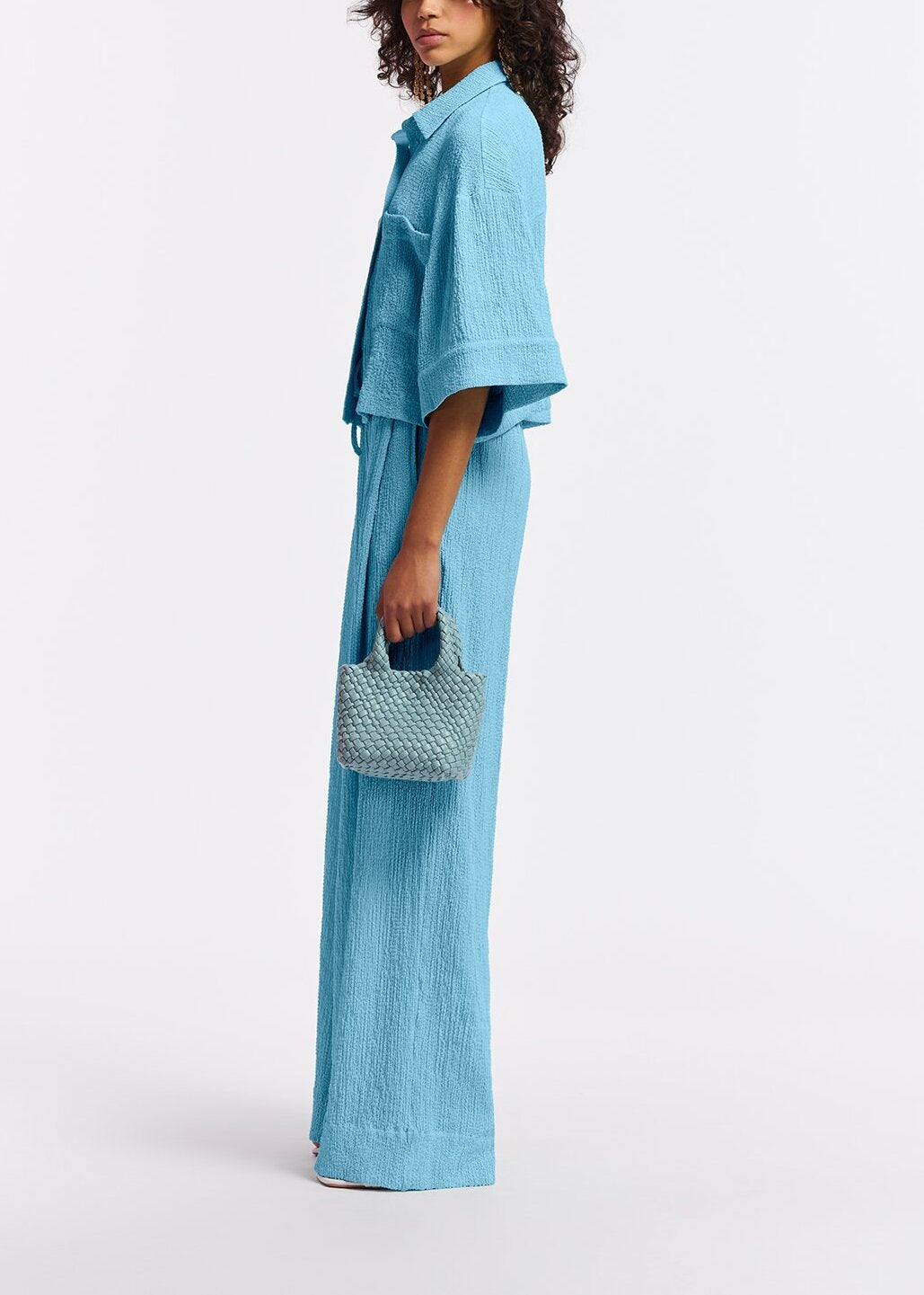 Light blue wide-leg seersucker pants RE—SSENTIEL | Essentiel second hand