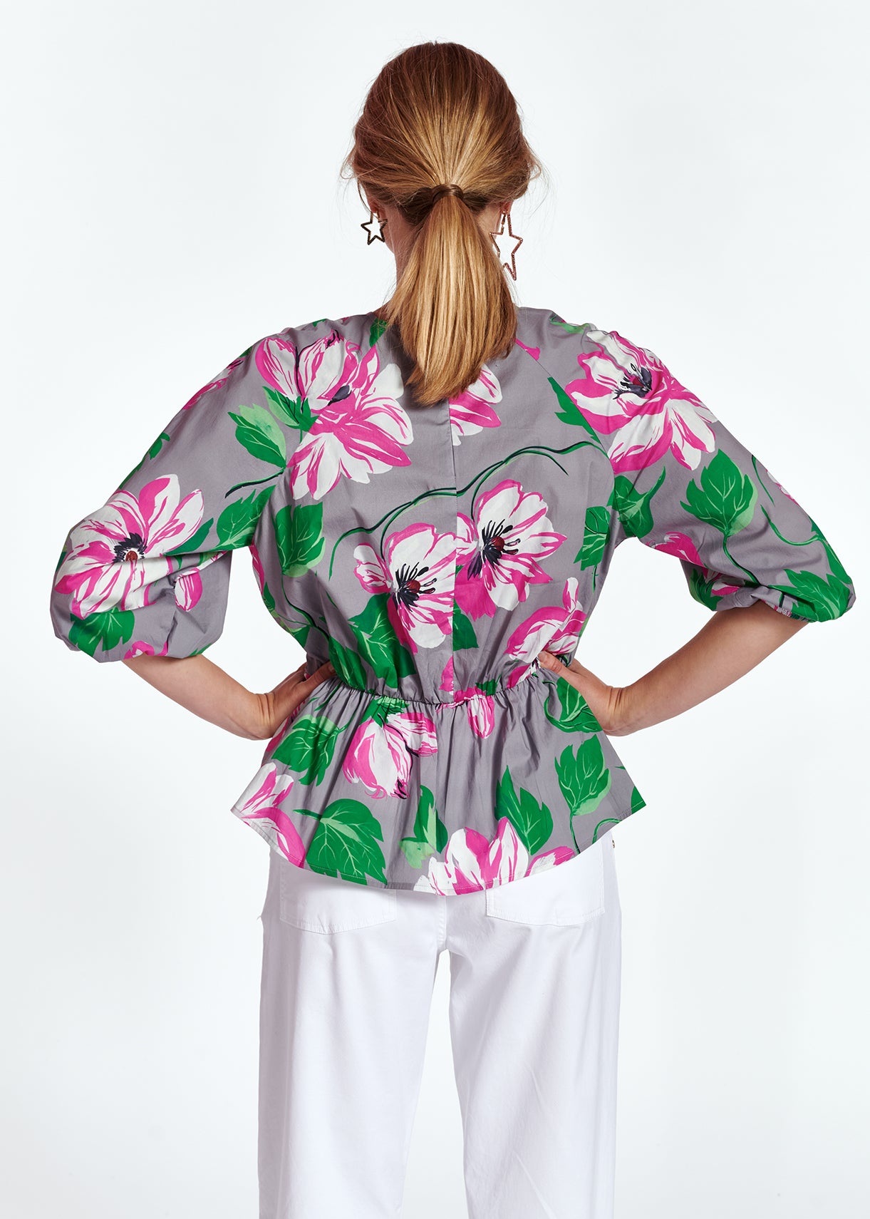 Grijze peplumtop van popeline met bloemen RE—SSENTIEL | Essentiel second hand