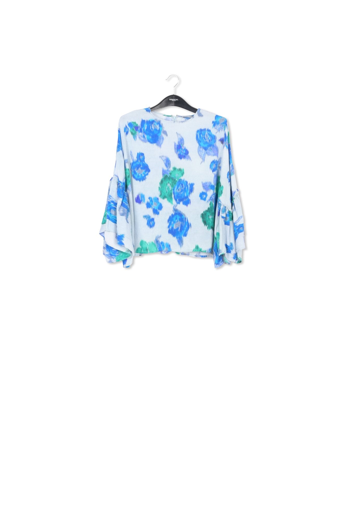 Light blue, blue and green floral printed top with ruffled sleeves RE—SSENTIEL | Essentiel second hand