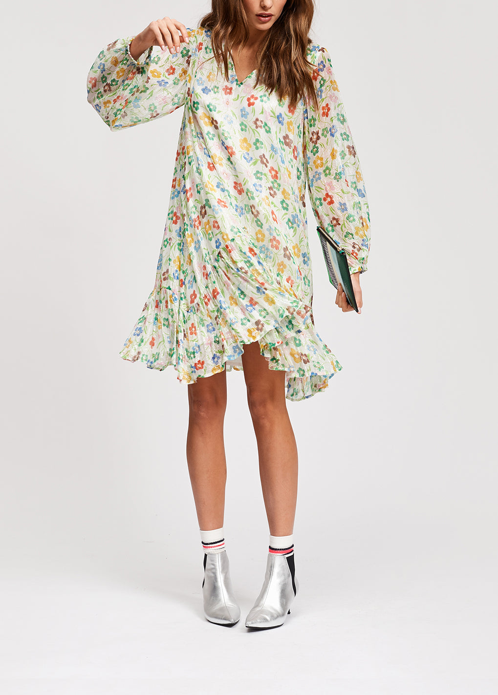 Off-white floral print dress with flared hem RE—SSENTIEL | Essentiel second hand