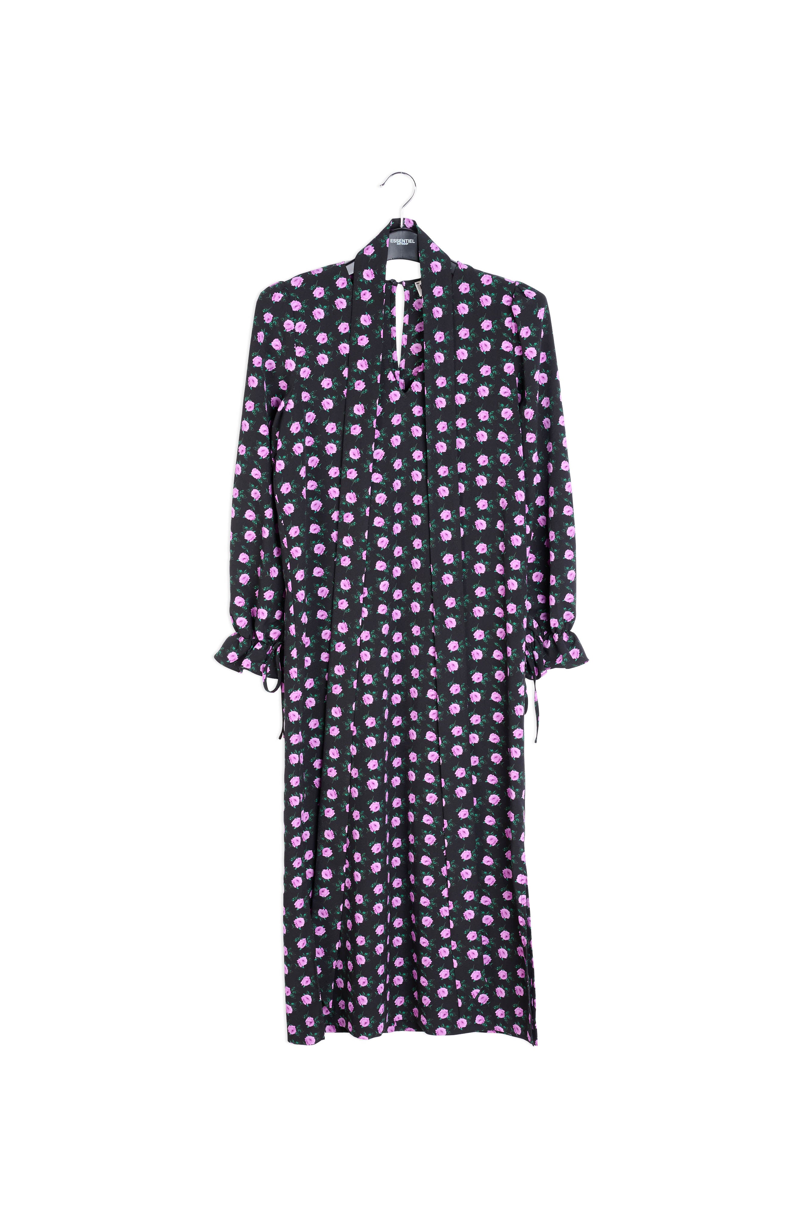 Zwarte midi-jurk met bloemenprint en riem RE—SSENTIEL | Essentiel second hand