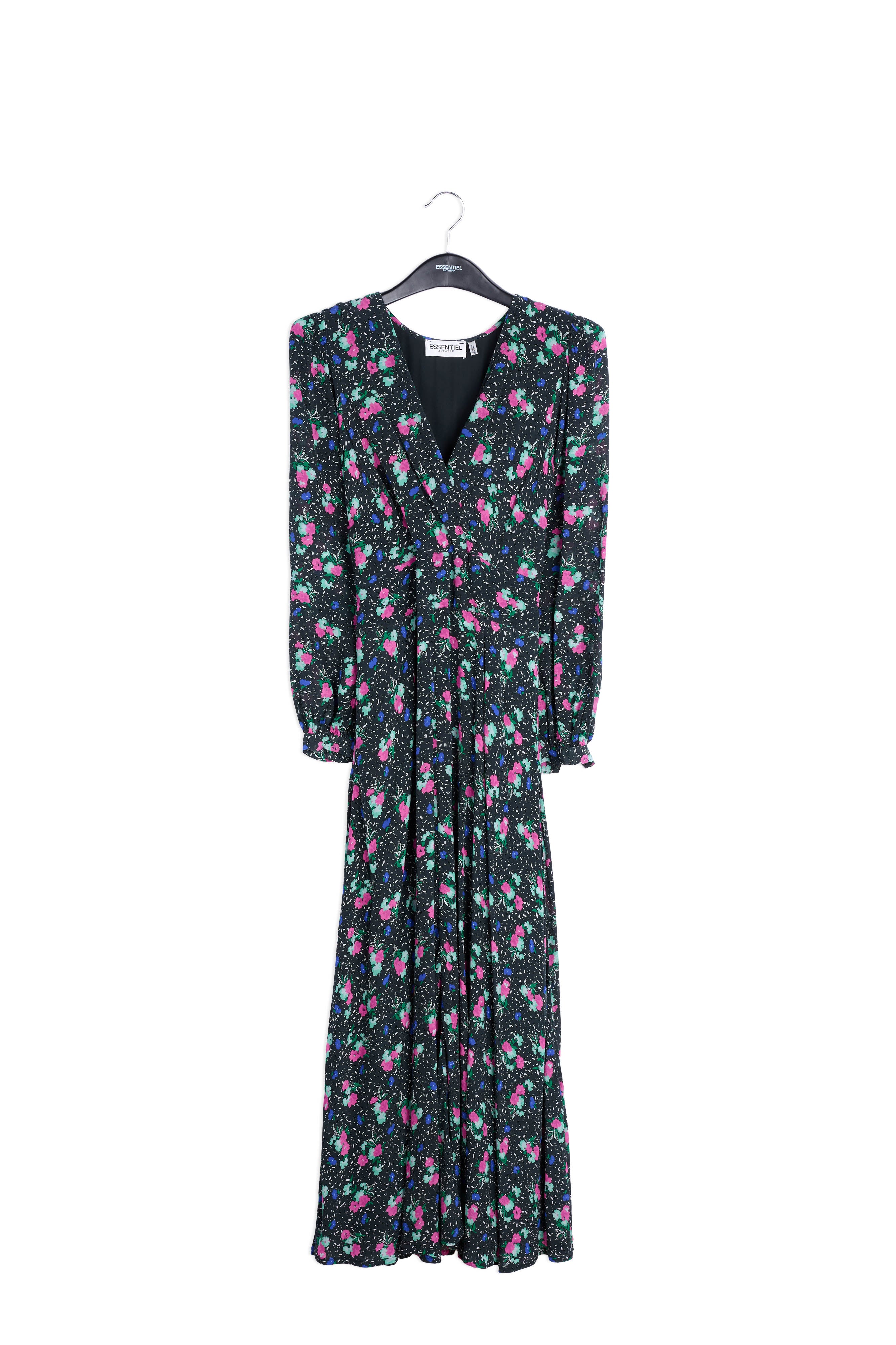 Robe maxi portefeuille noire à fleurs RE—SSENTIEL | Essentiel second hand