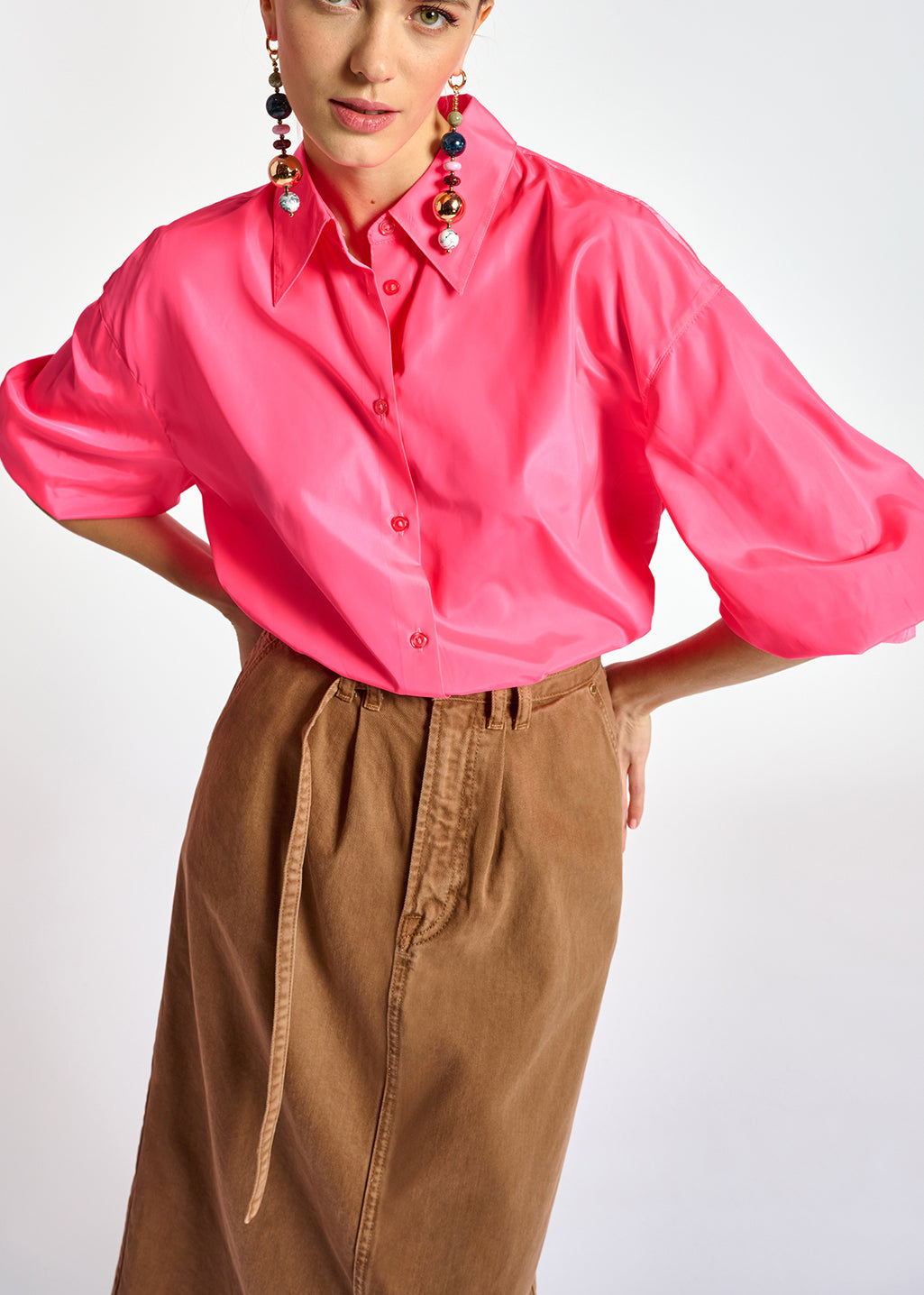 Brown high-waisted denim a-line skirt RE—SSENTIEL | Essentiel second hand