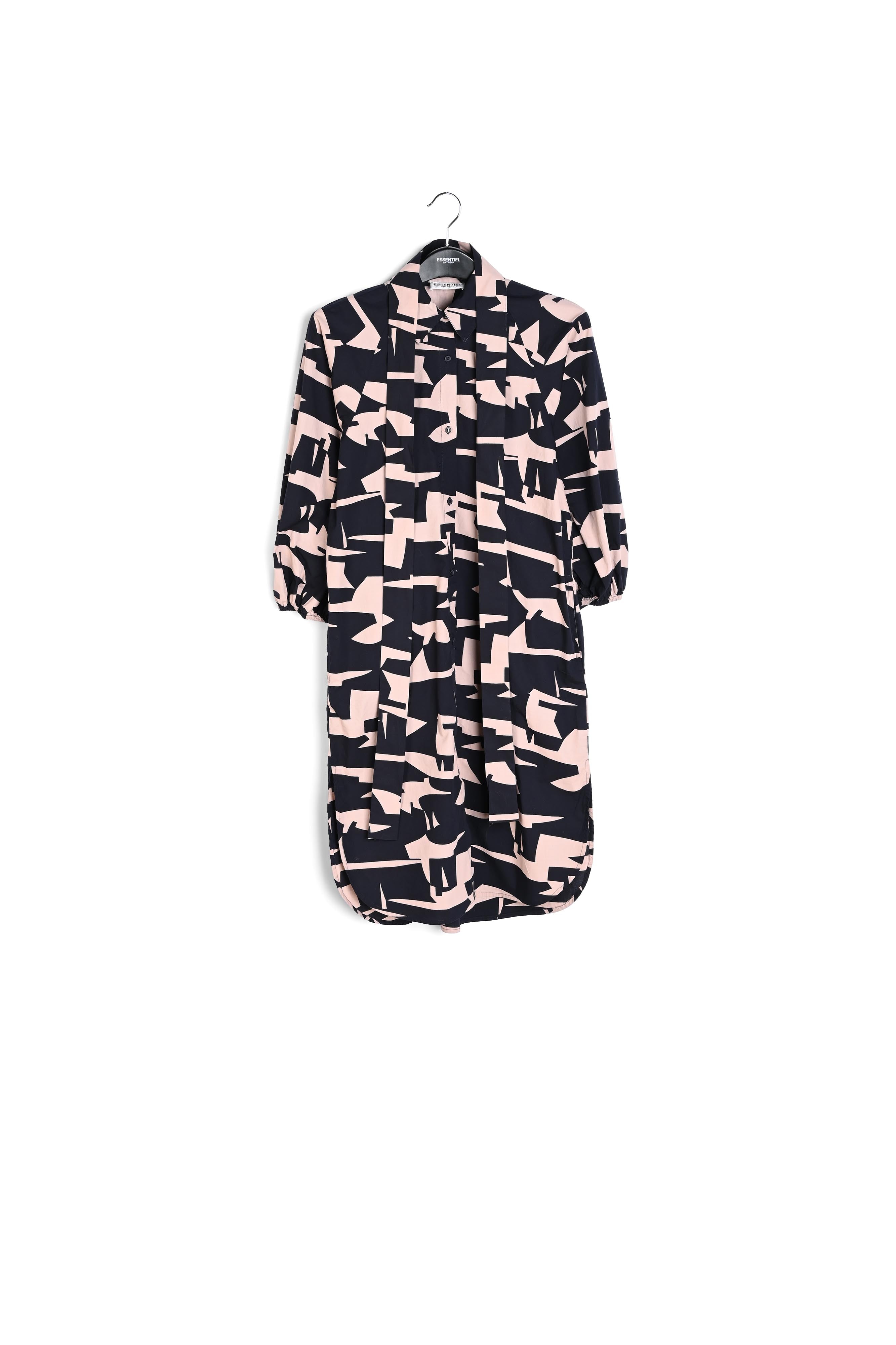 Donkerblauwe en beige hemdjurk met abstracte print RE—SSENTIEL | Essentiel second hand