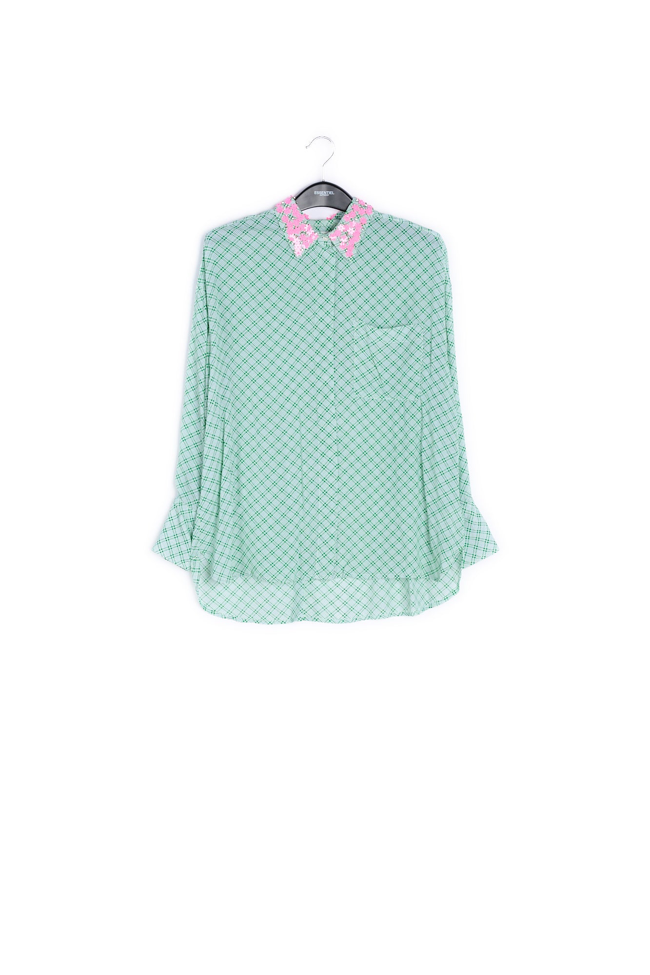 Green and white large check oversized shirt with sequined collar RE—SSENTIEL | Essentiel second hand