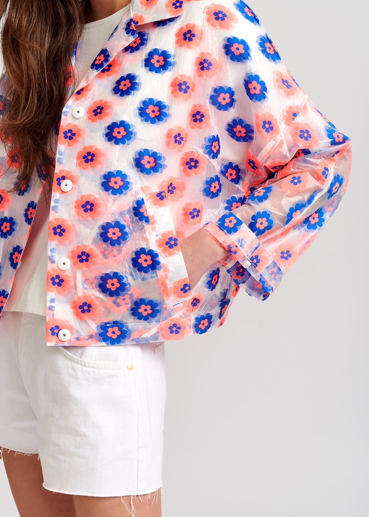 Veste transparente à fleurs rose fluo et bleu RE—SSENTIEL | Essentiel second hand