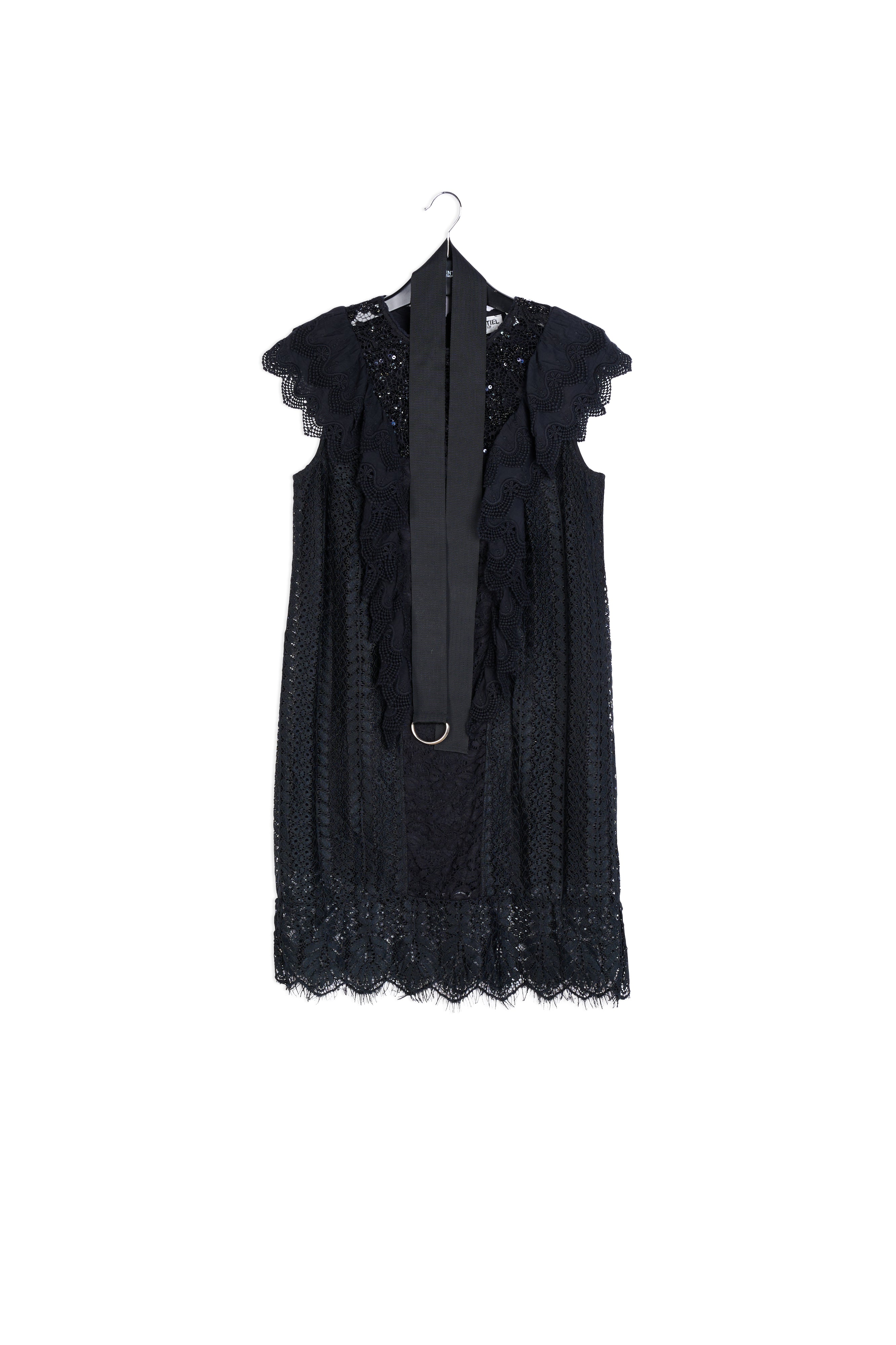 Robe ceinturée en dentelle noire avec ruches et paillettes RE—SSENTIEL | Essentiel second hand