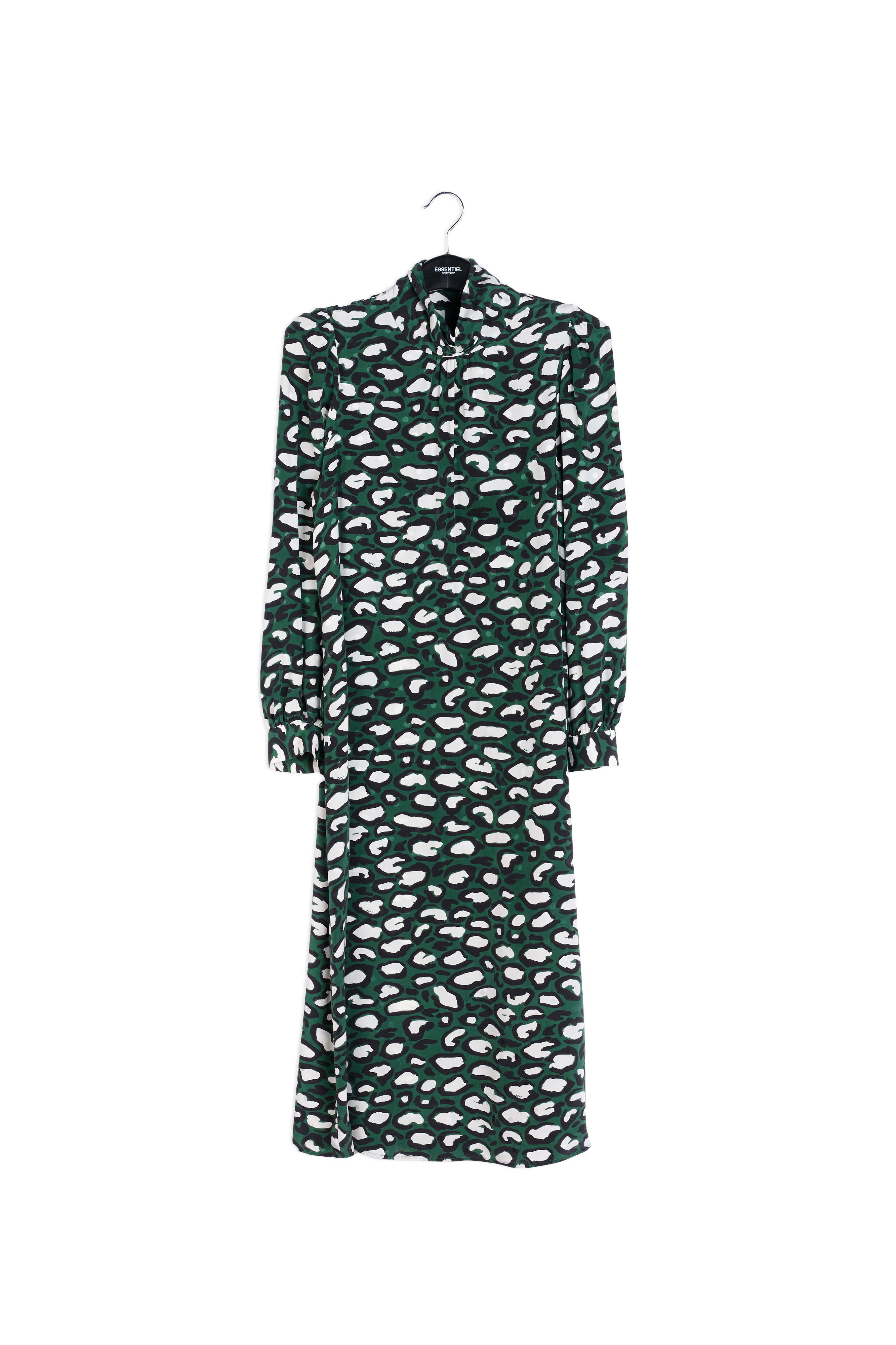 Flesgroene zijden midi-jurk met opstaande kraag en luipaardprint RE—SSENTIEL | Essentiel second hand