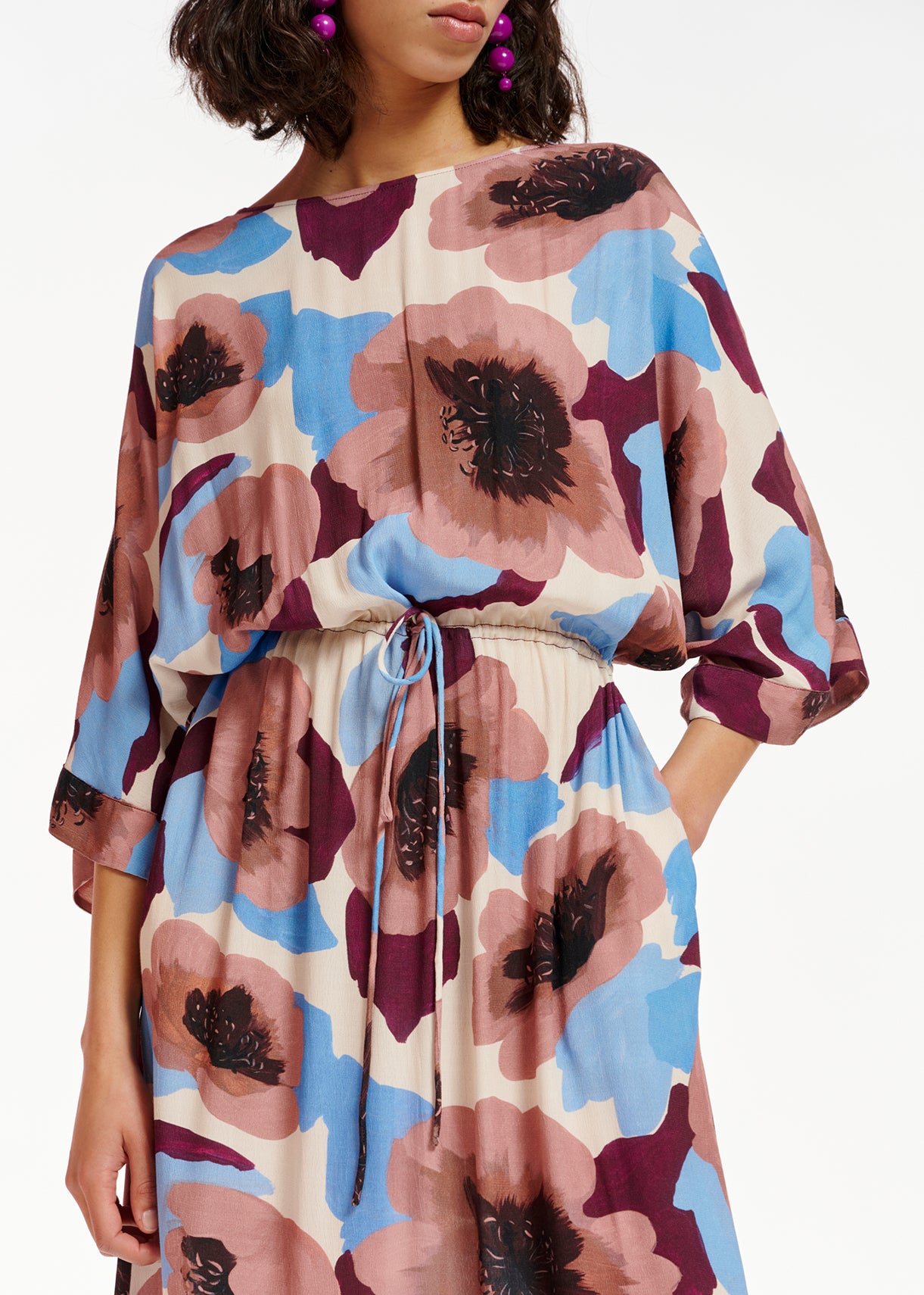 Mauve, burgundy and blue midi-length dress with floral print RE—SSENTIEL | Essentiel second hand