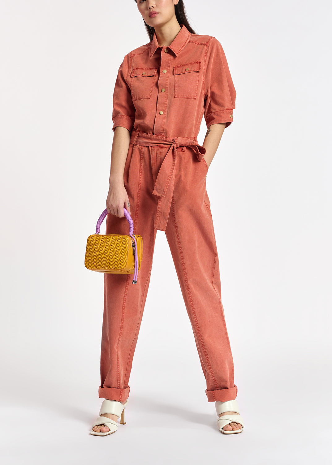 Dark orange relaxed fit cotton-blend jumpsuit RE—SSENTIEL | Essentiel second hand