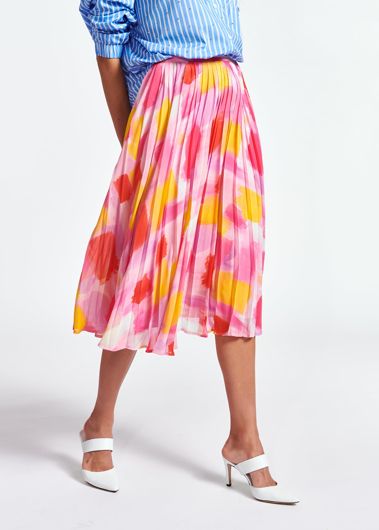 Pink and yellow plissé midi skirt RE—SSENTIEL | Essentiel second hand