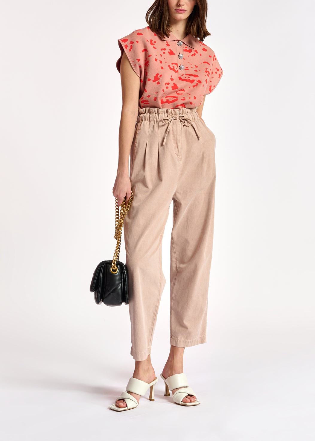 Vintage pink and red knitted polo top with leopard print RE—SSENTIEL | Essentiel second hand