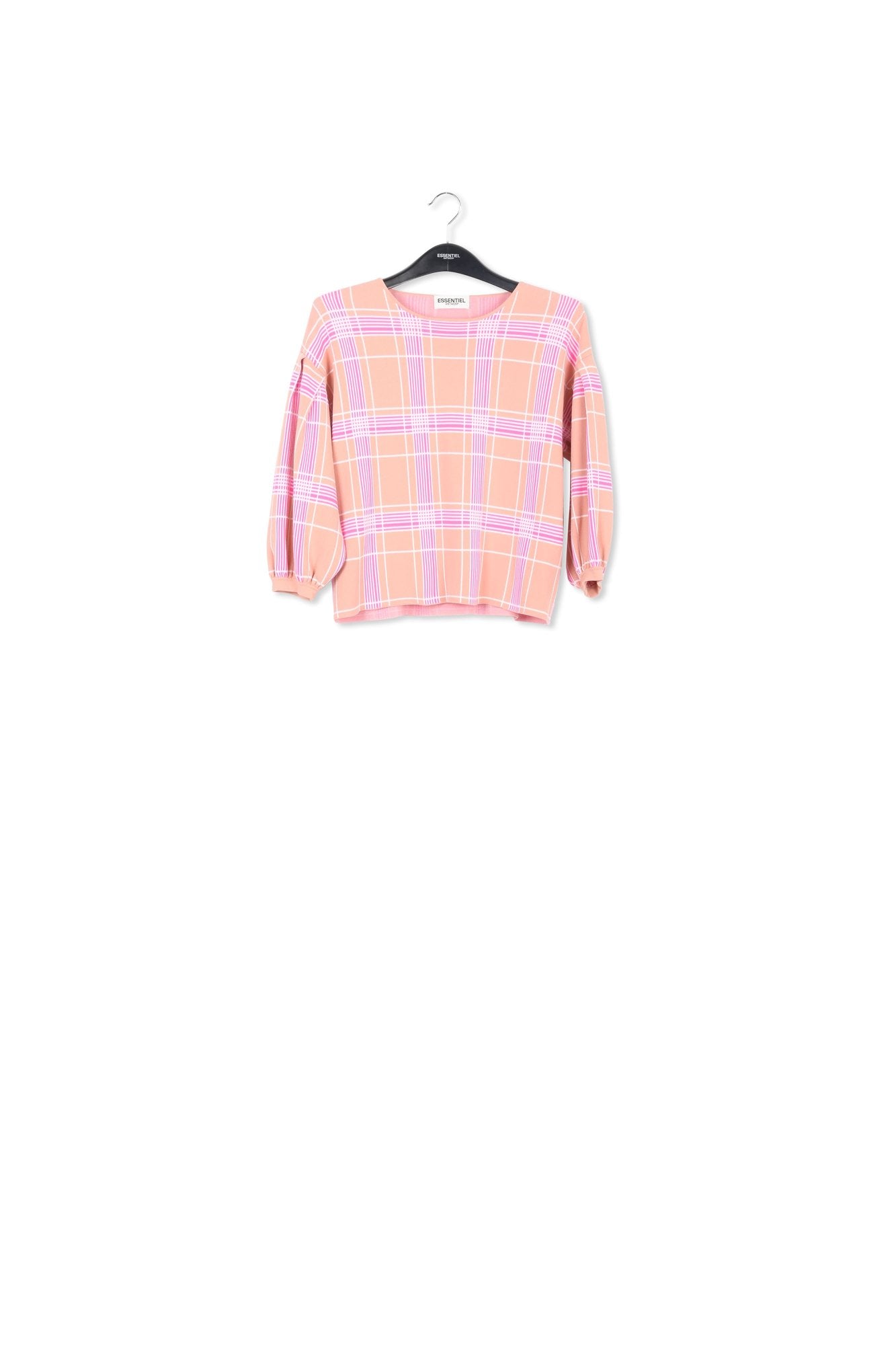 Vintage pink puffed sleeve knitted top with check motif RE—SSENTIEL | Essentiel second hand