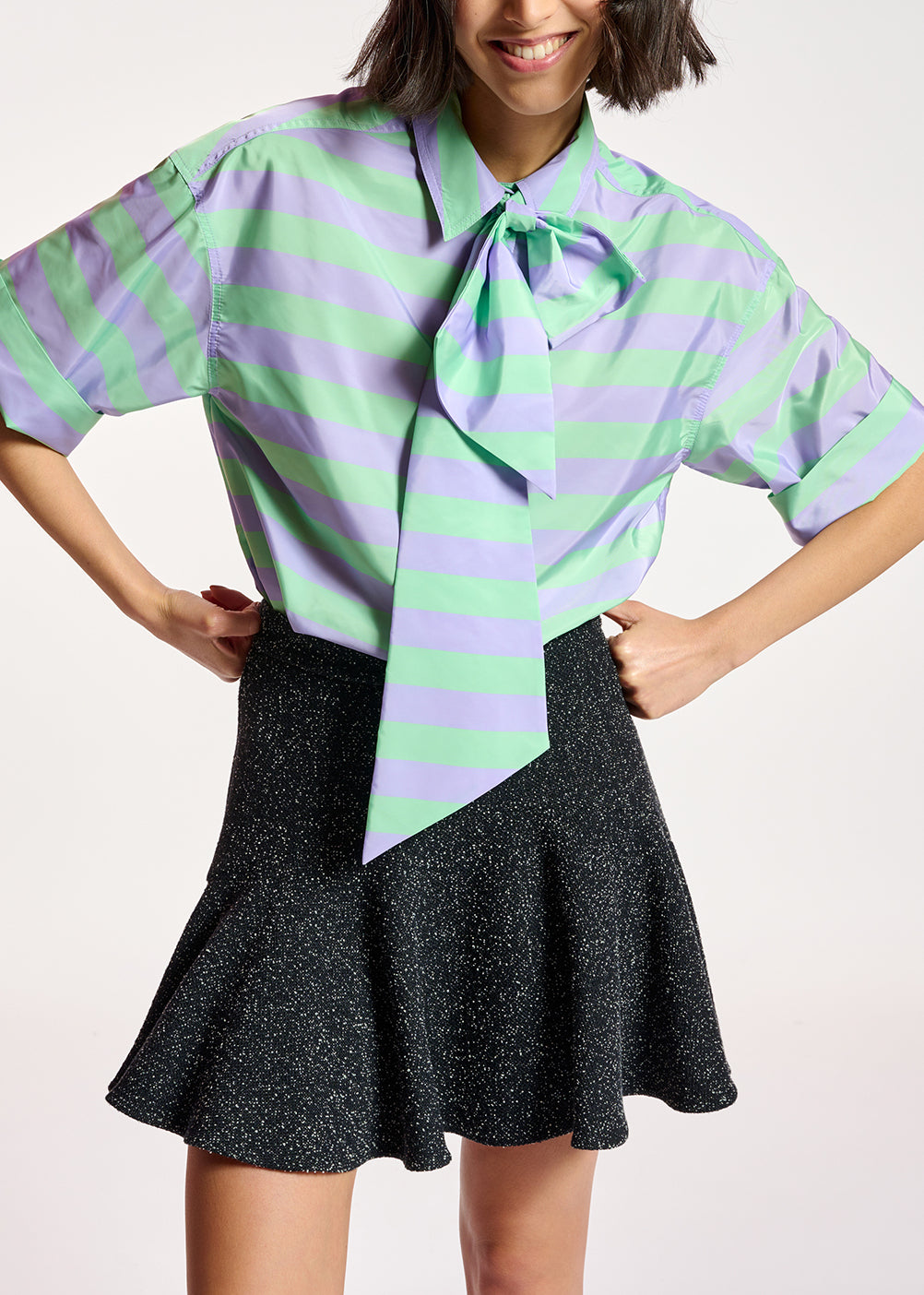 Lilac and mint green striped shirt with pussy bow RE—SSENTIEL | Essentiel second hand