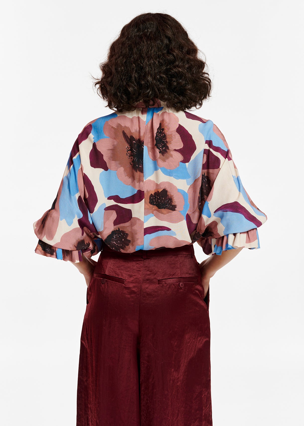 Mauve, burgundy and blue floral print top with stand-up collar RE—SSENTIEL | Essentiel second hand