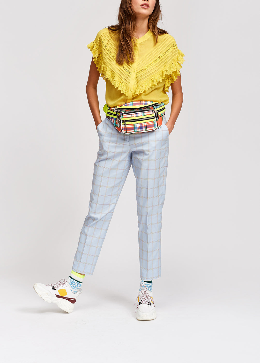 Light blue plaid tailored trousers RE—SSENTIEL | Essentiel second hand