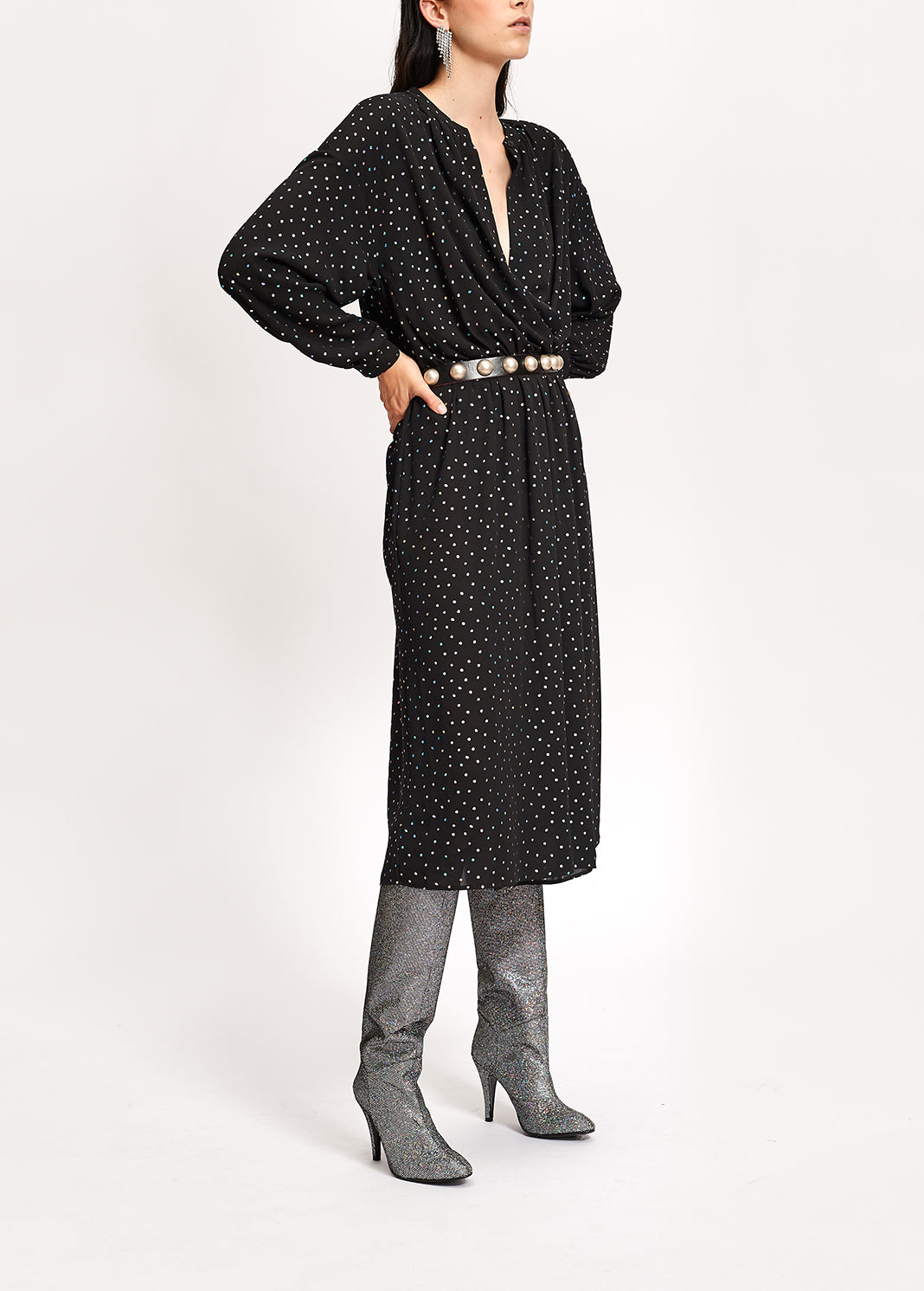 Robe midi noire ceinturée à pois holographiques RE—SSENTIEL | Essentiel second hand